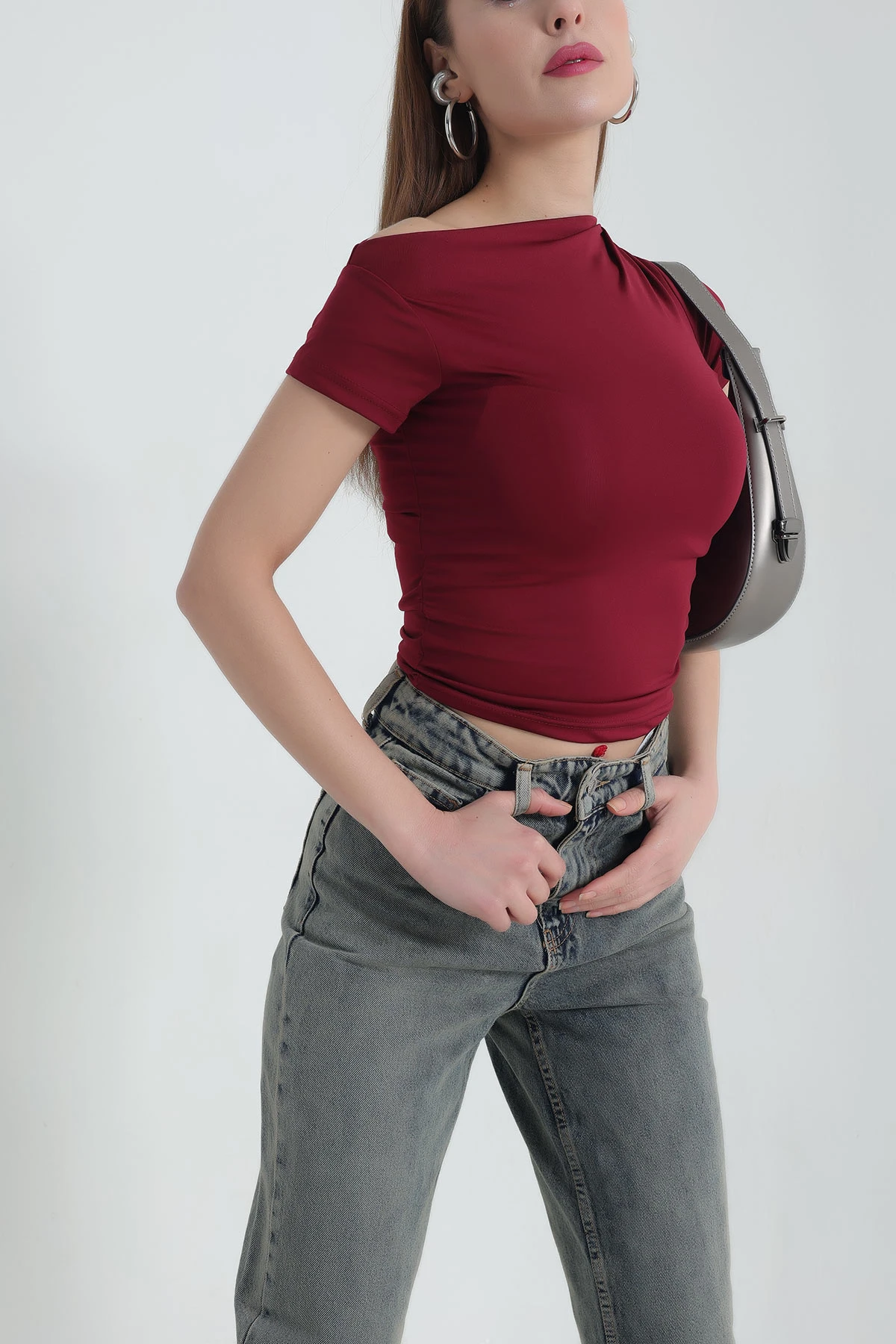 Bordo Likralı Büzgülü Sandy Bluz 337390