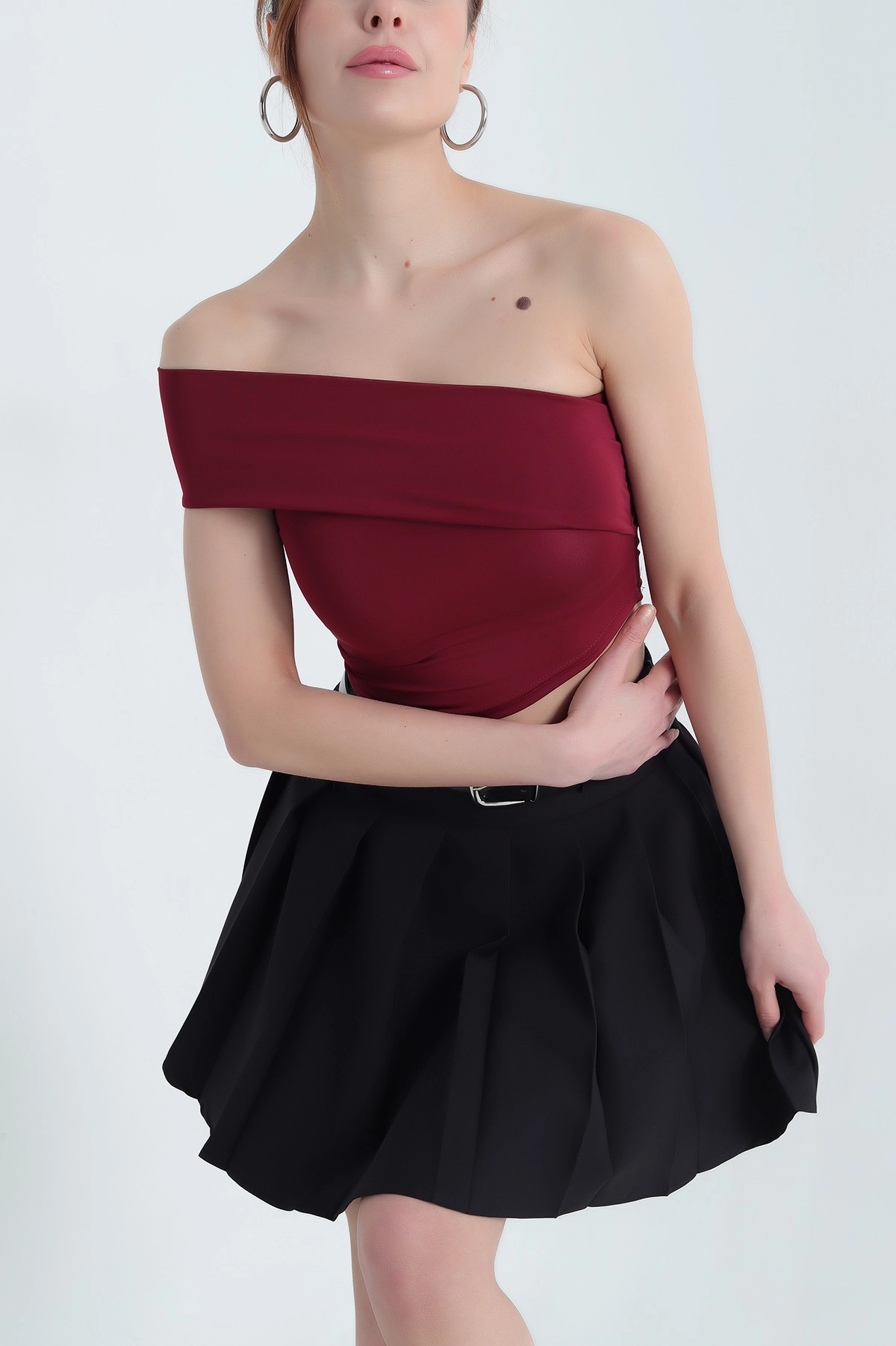 Bordo Likralı Büzgülü Sandy Bluz 338347