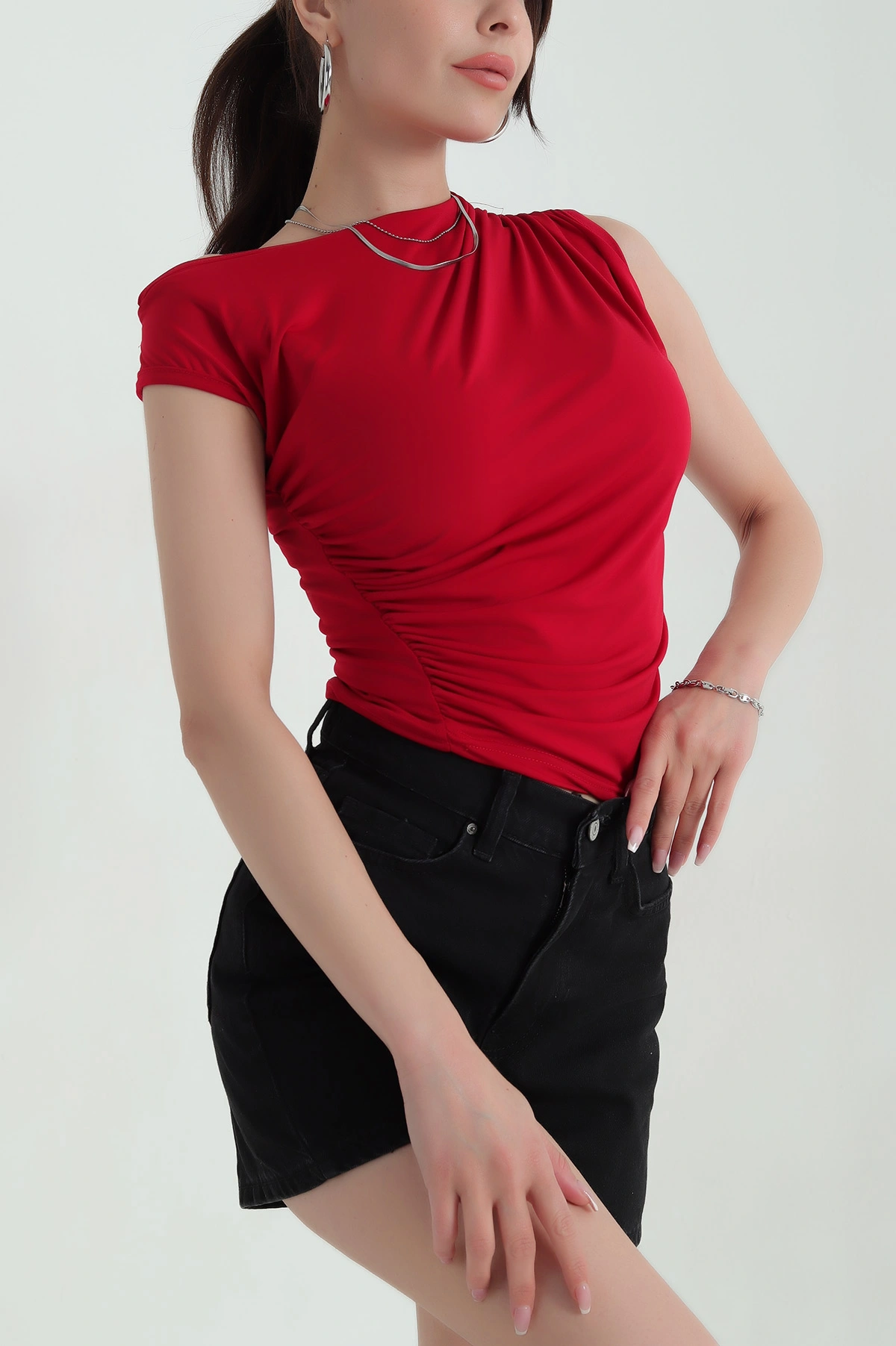 Bordo Likralı Büzgülü Sandy Kadın Bluz 371036