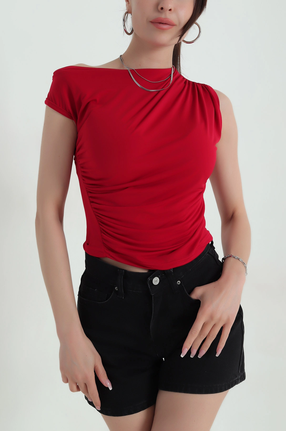 Bordo Likralı Büzgülü Sandy Kadın Bluz 371036
