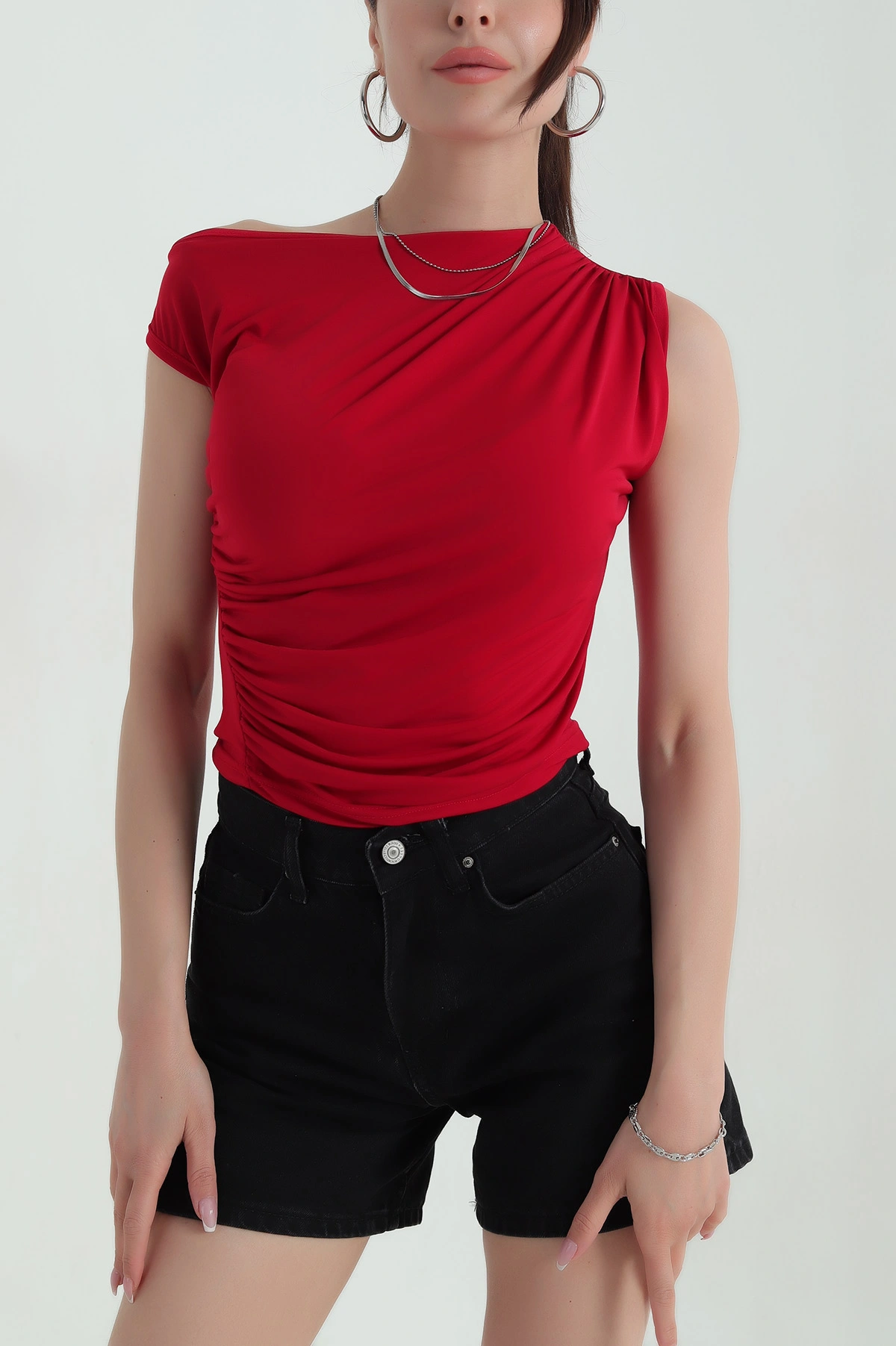 Bordo Likralı Büzgülü Sandy Kadın Bluz 371036
