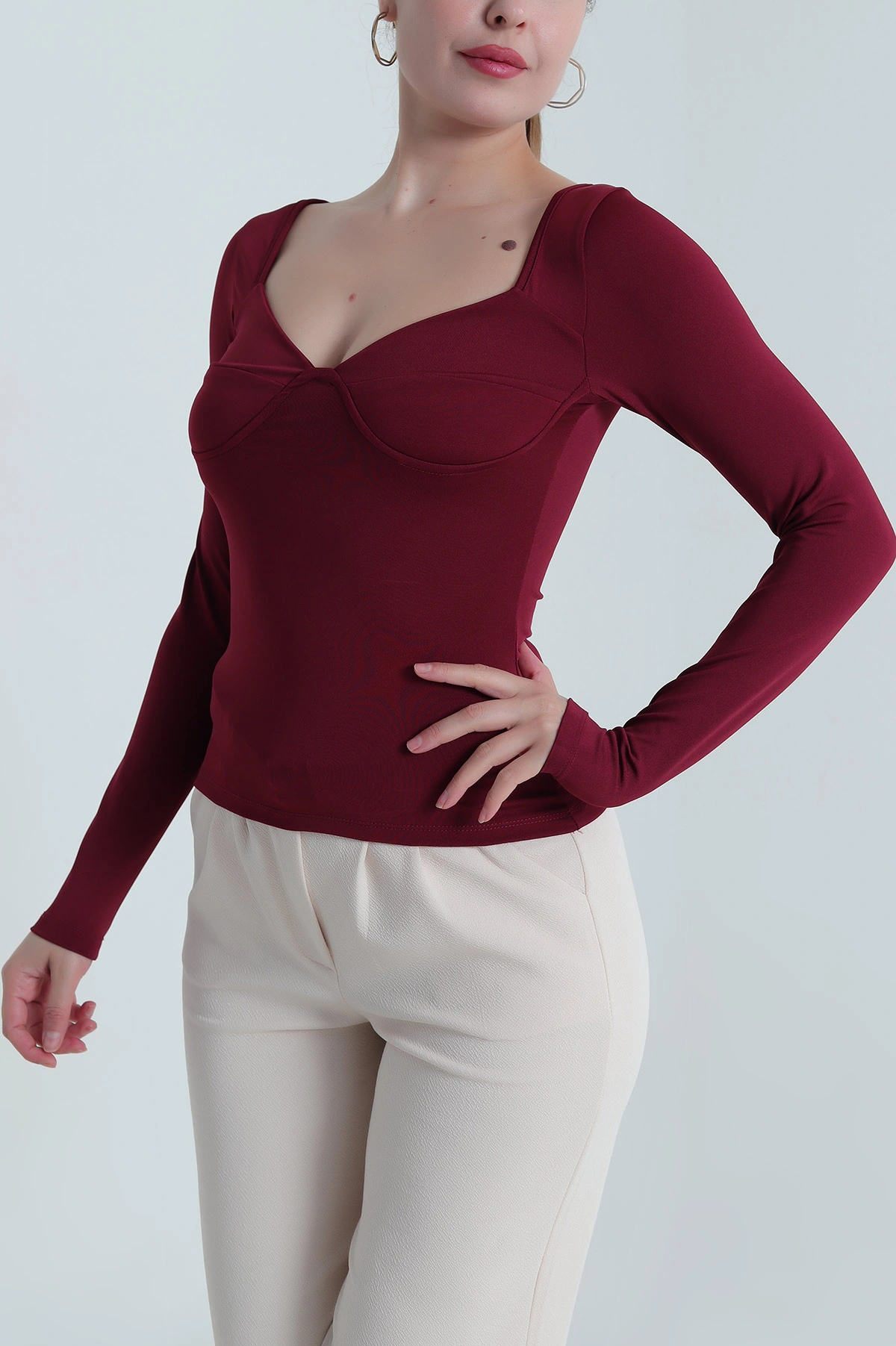 Bordo Likralı Dalgıç Kadın Bluz 484480