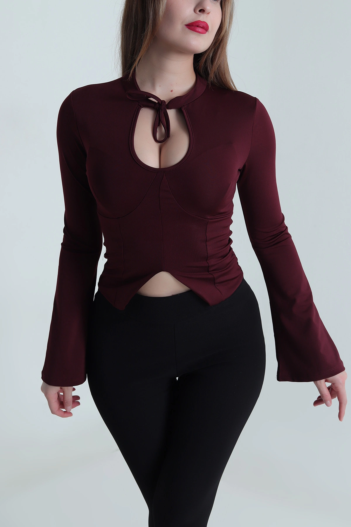 Bordo Likralı Dalgıç Kadın Bluz 494137