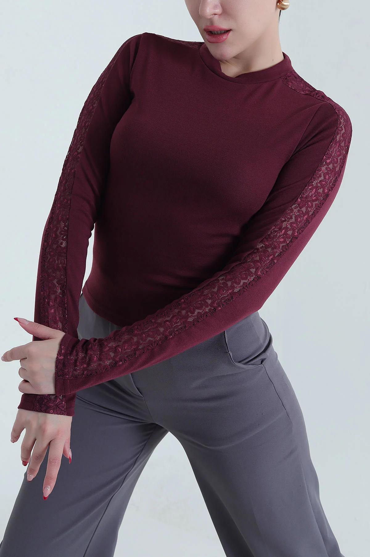 Bordo Likralı Dantelli Buzzy Kadın Bluz 440159