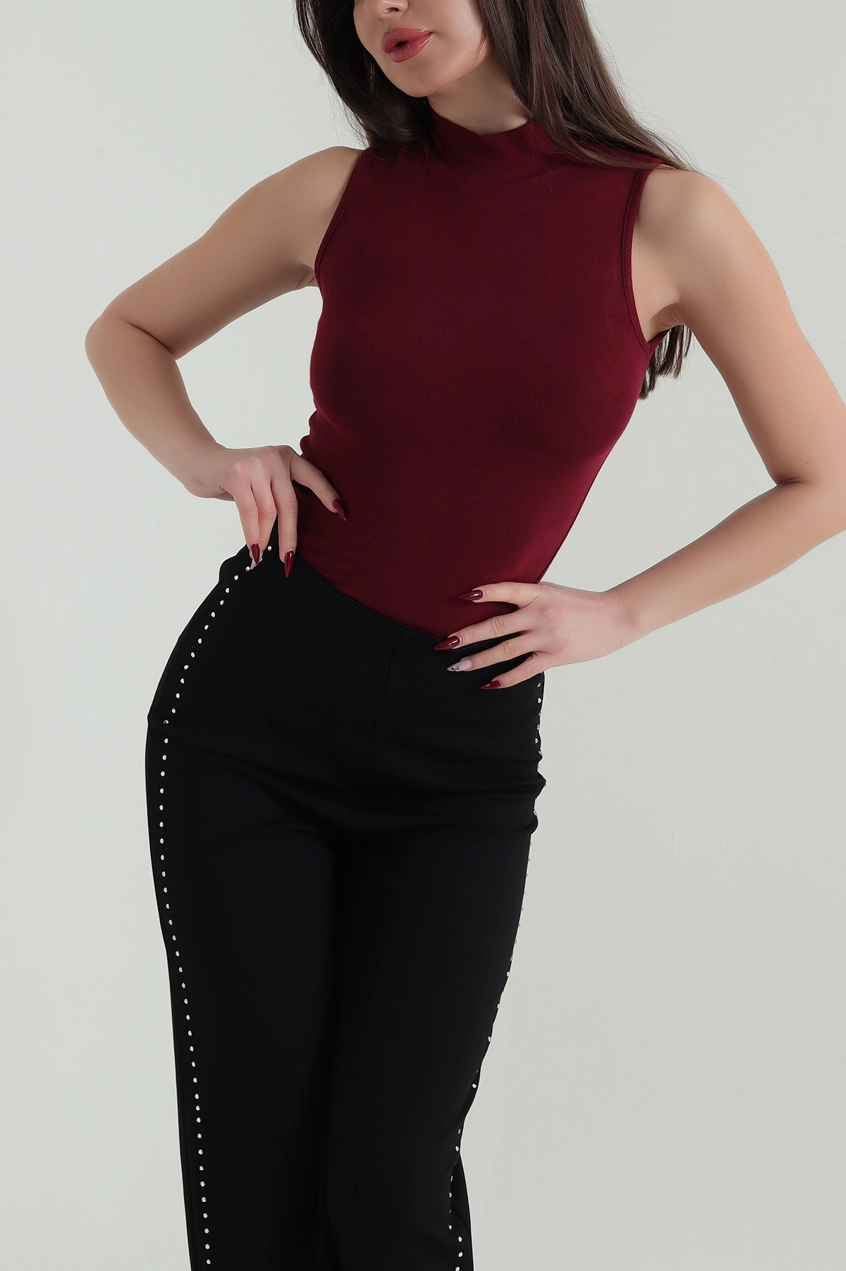 Bordo Likralı Dik Yaka Oysho Kadın Bluz 423142