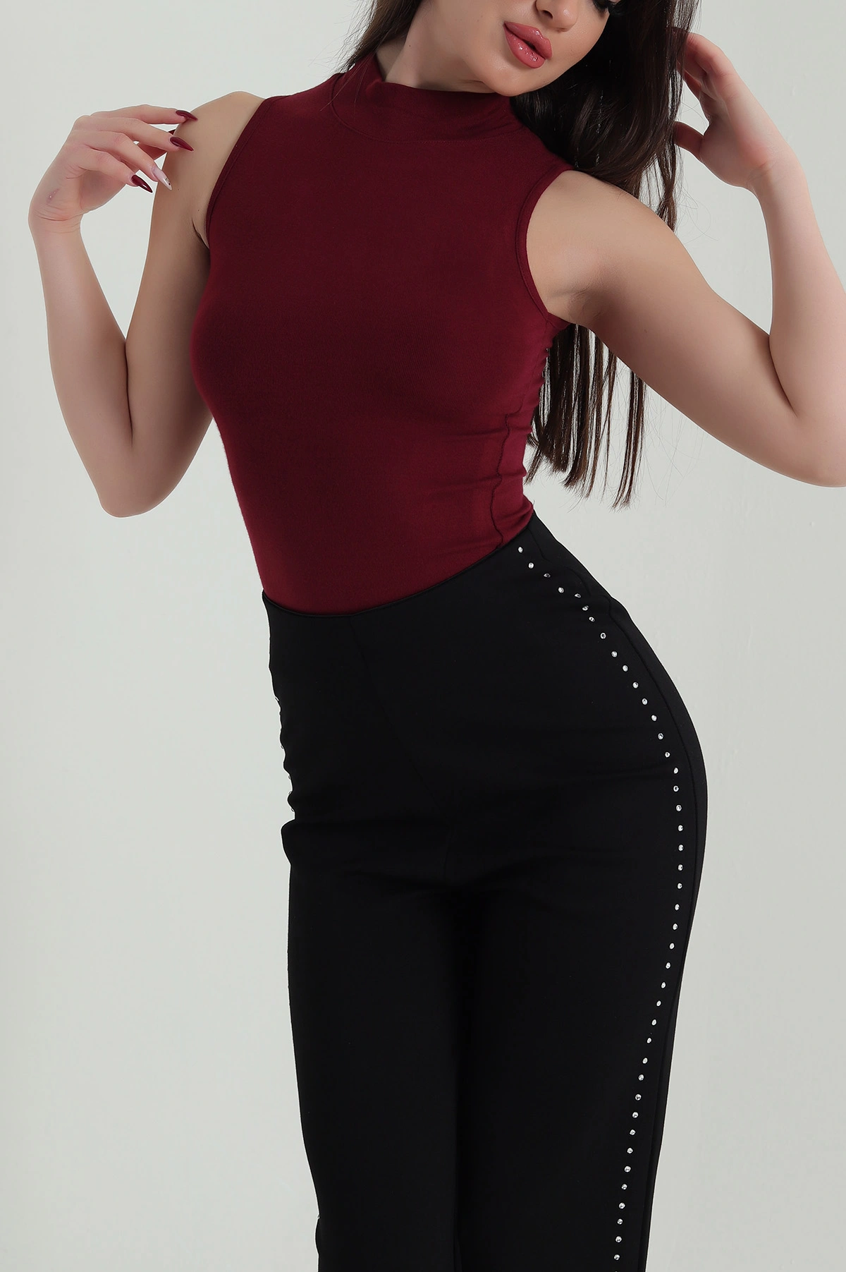 Bordo Likralı Dik Yaka Oysho Kadın Bluz 423142