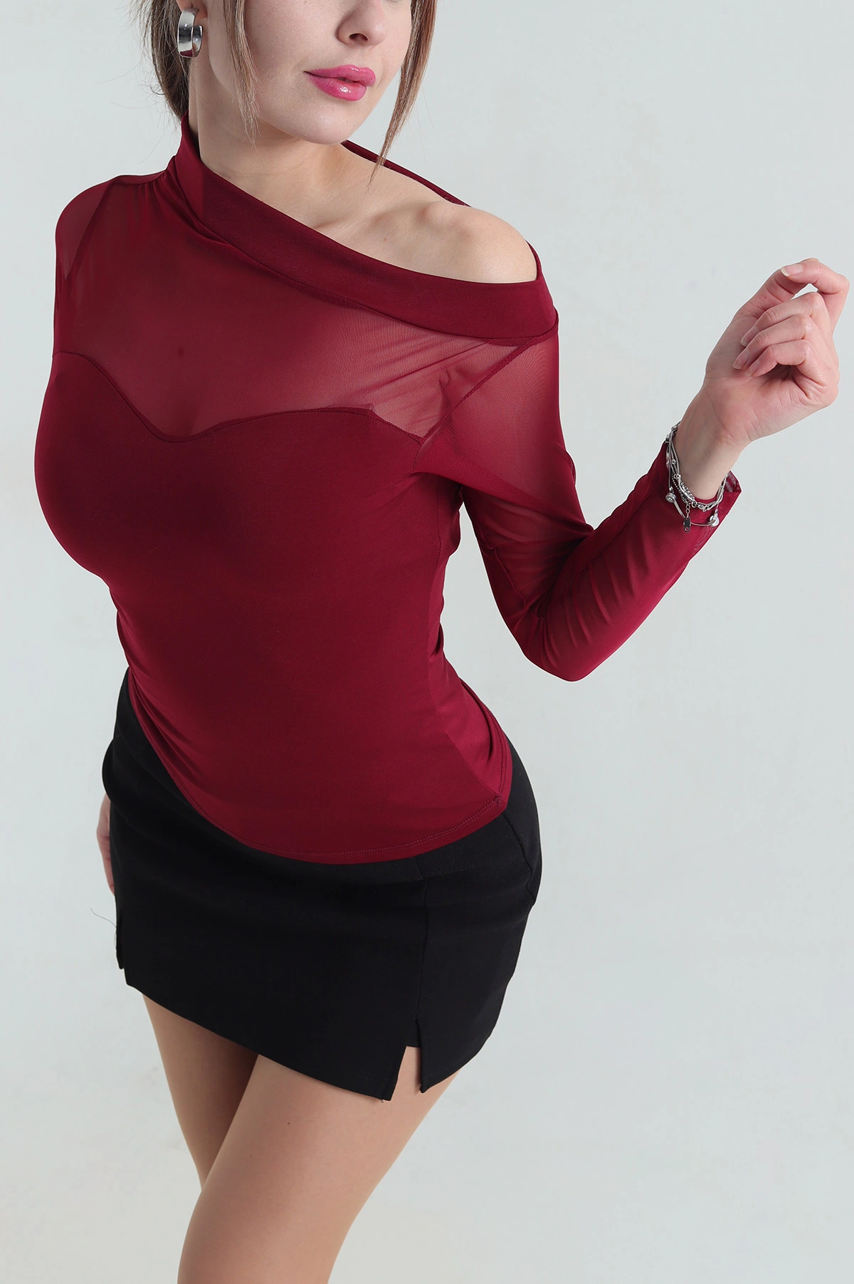 Bordo Likralı Garnili Buzzy Kadın Bluz 418521