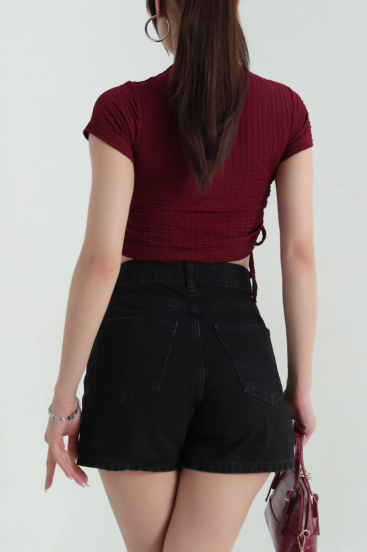 Bordo Likralı Gofre Kadın Bluz 370099