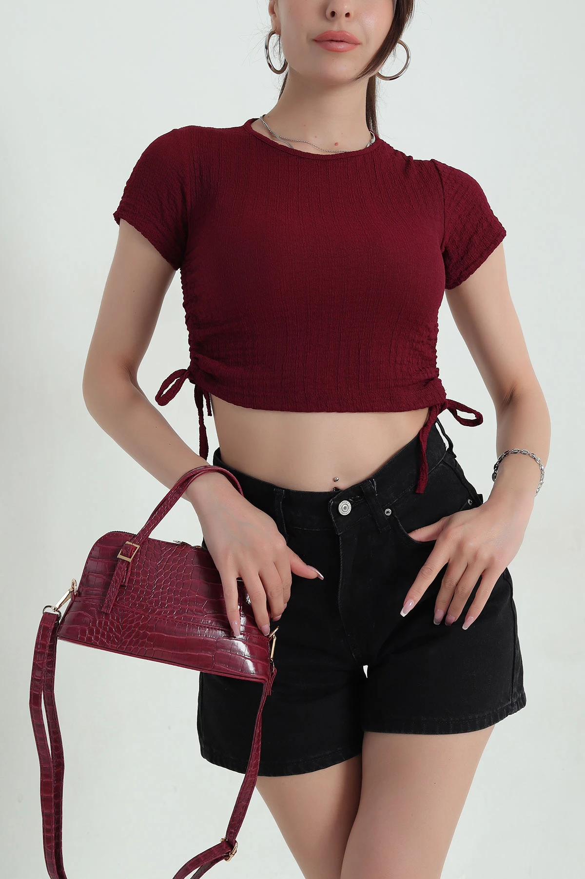Bordo Likralı Gofre Kadın Bluz 370099