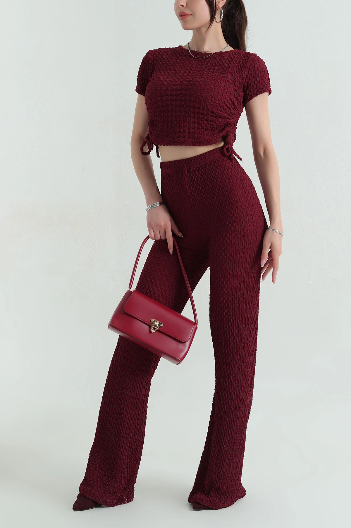 Bordo Likralı Gofre Kadın İkili Takım 371087