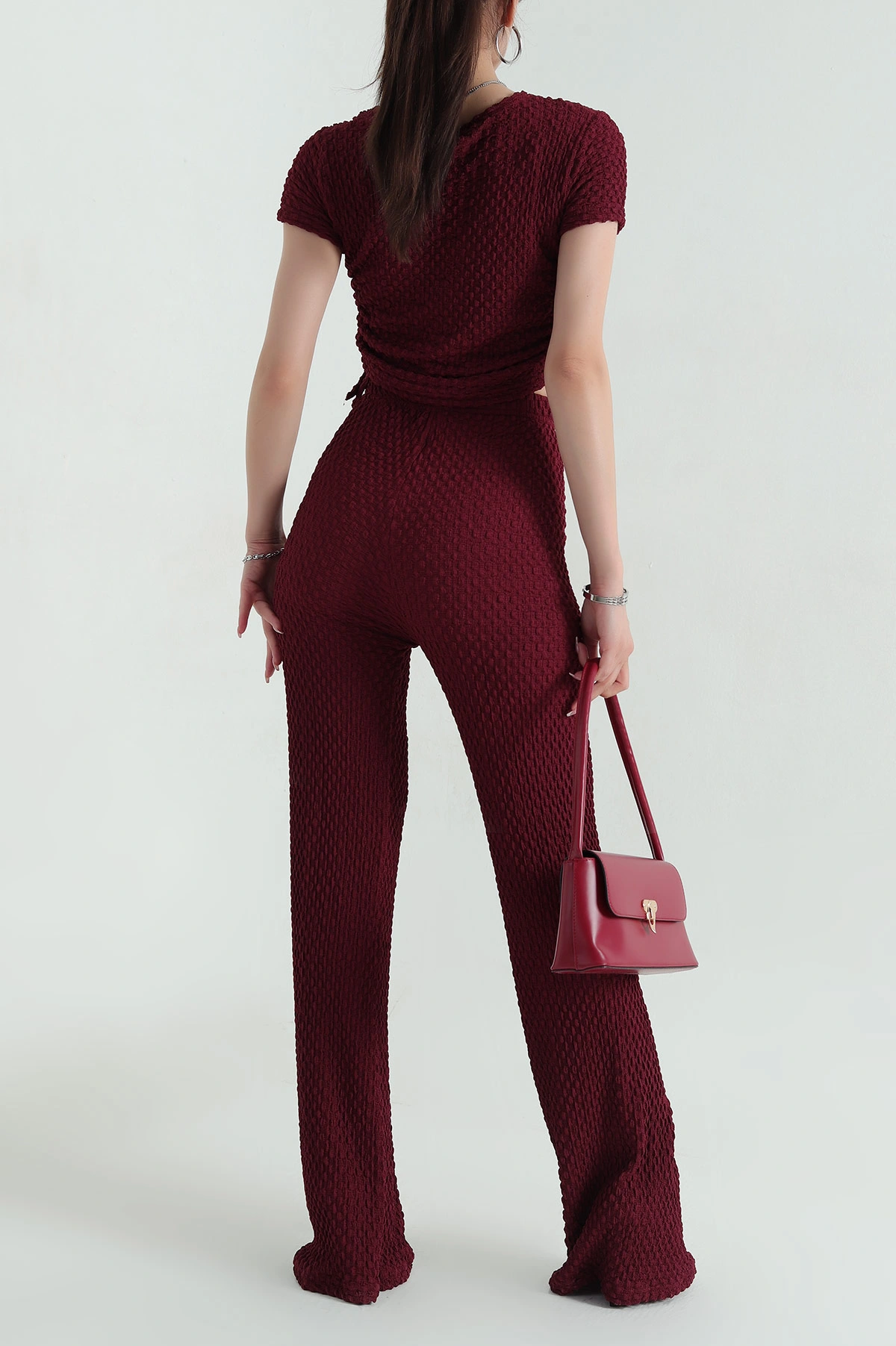 Bordo Likralı Gofre Kadın İkili Takım 371087