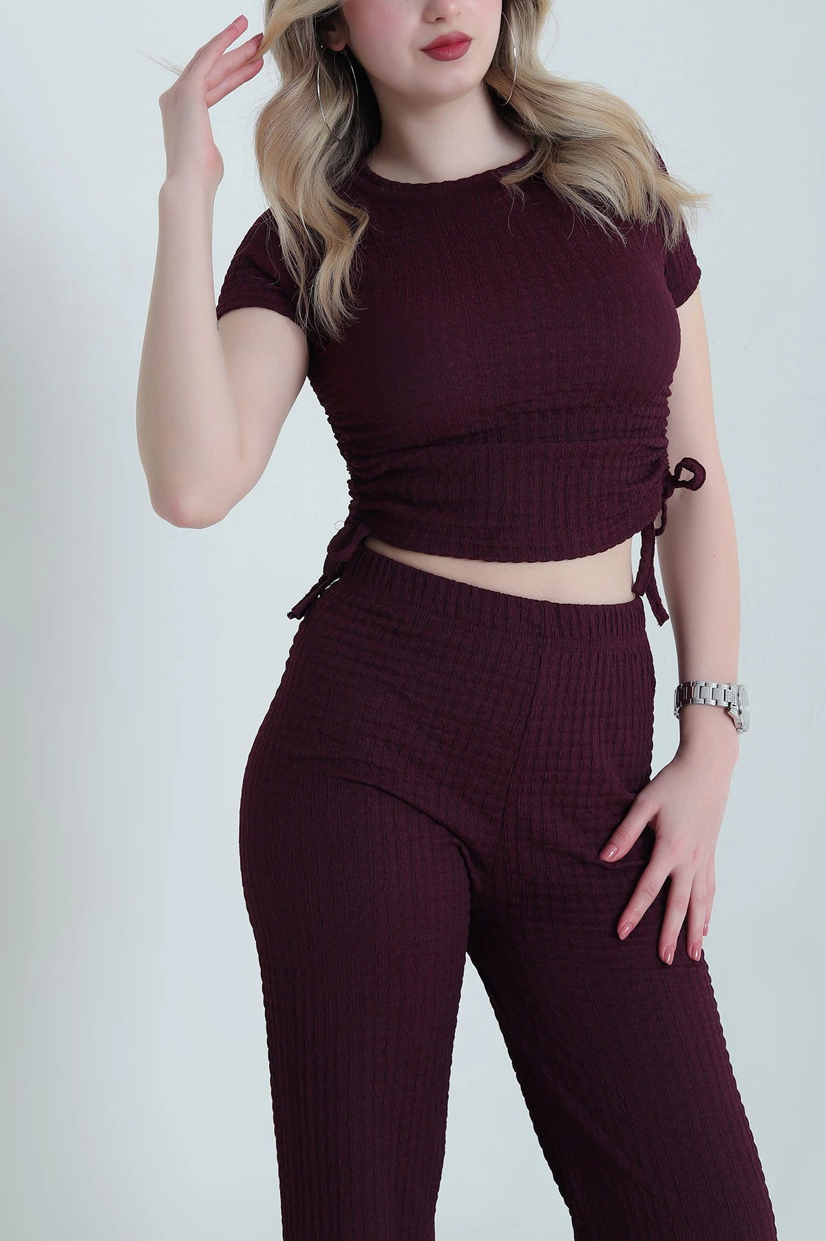 Bordo Likralı Gofre Kadın İkili Takım 455703
