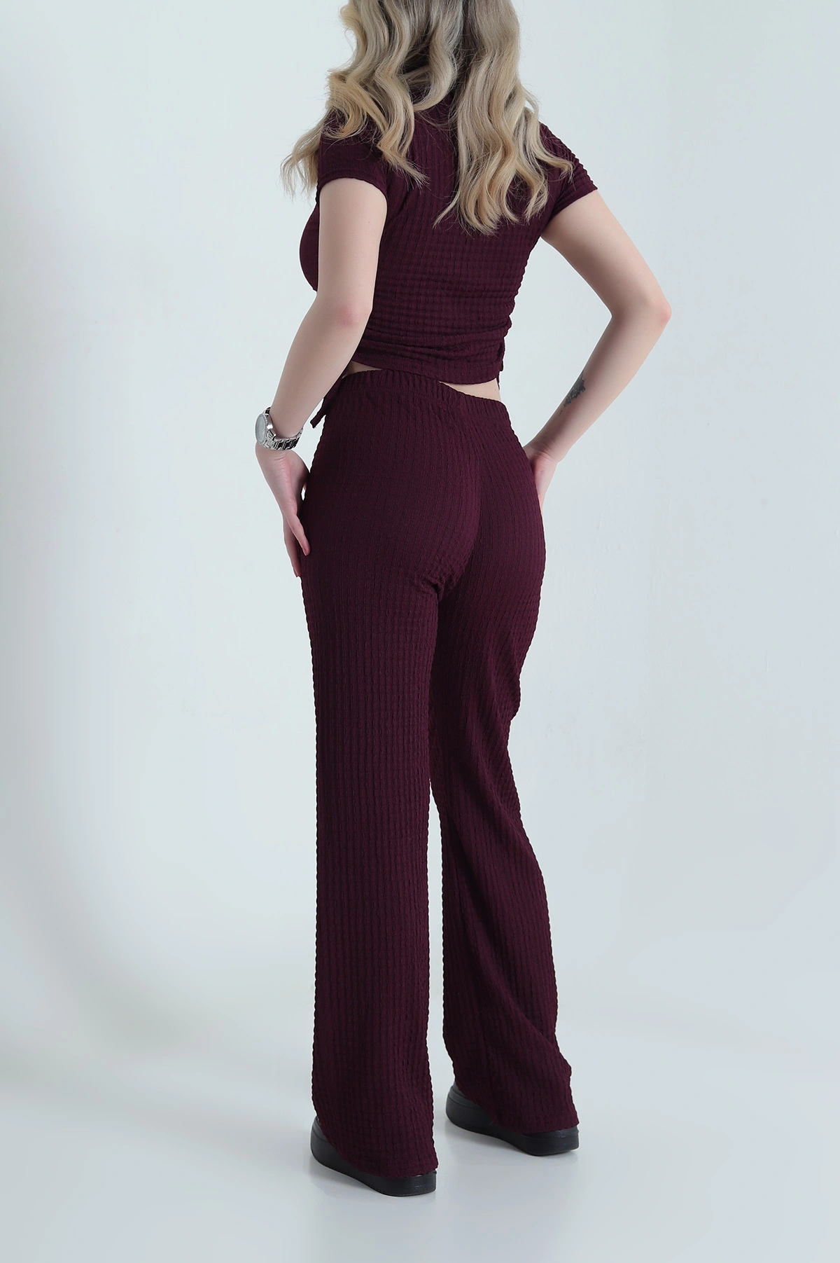 Bordo Likralı Gofre Kadın İkili Takım 455703