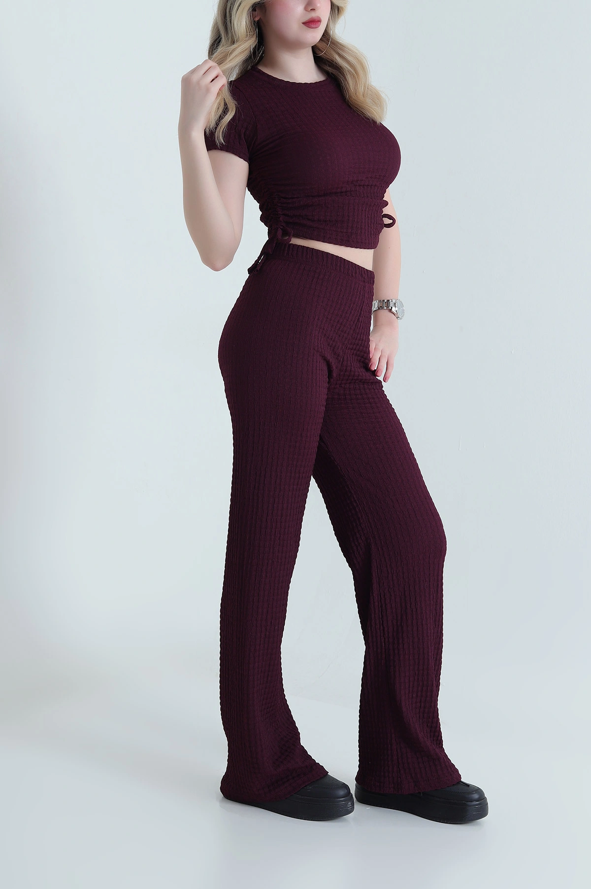 Bordo Likralı Gofre Kadın İkili Takım 455703