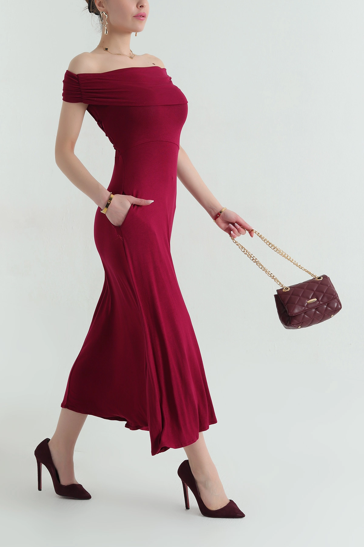 Bordo Likralı Kolsuz Viskon Kadın Elbise 355787