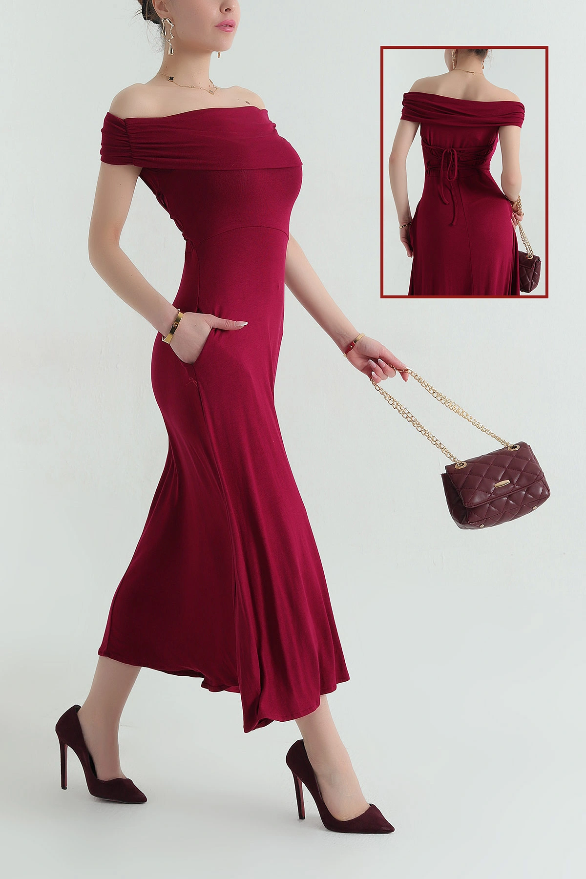 Bordo Likralı Kolsuz Viskon Kadın Elbise 355787