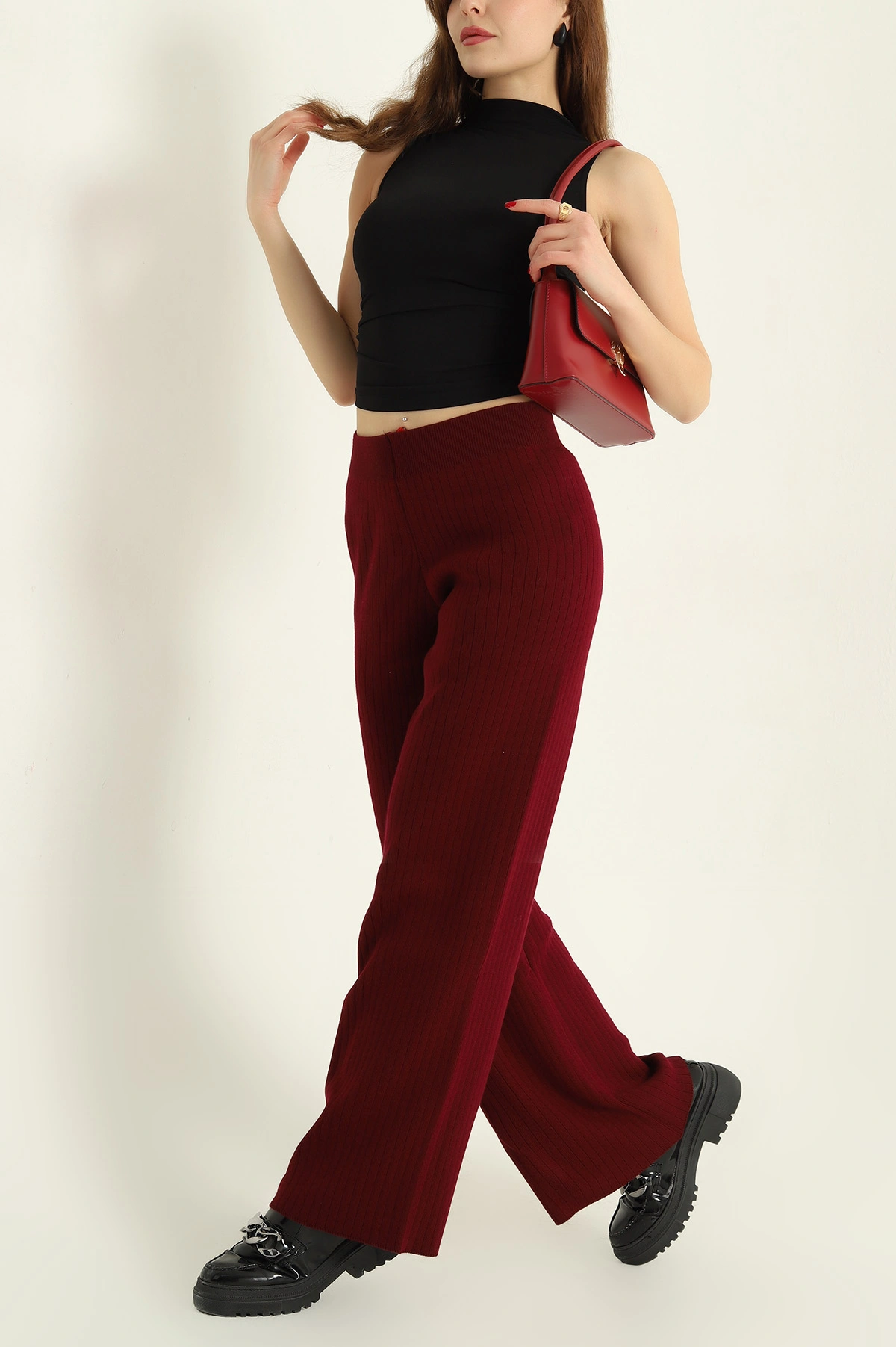 Bordo Likralı Palazzo Bayan Triko Pantolon 332447