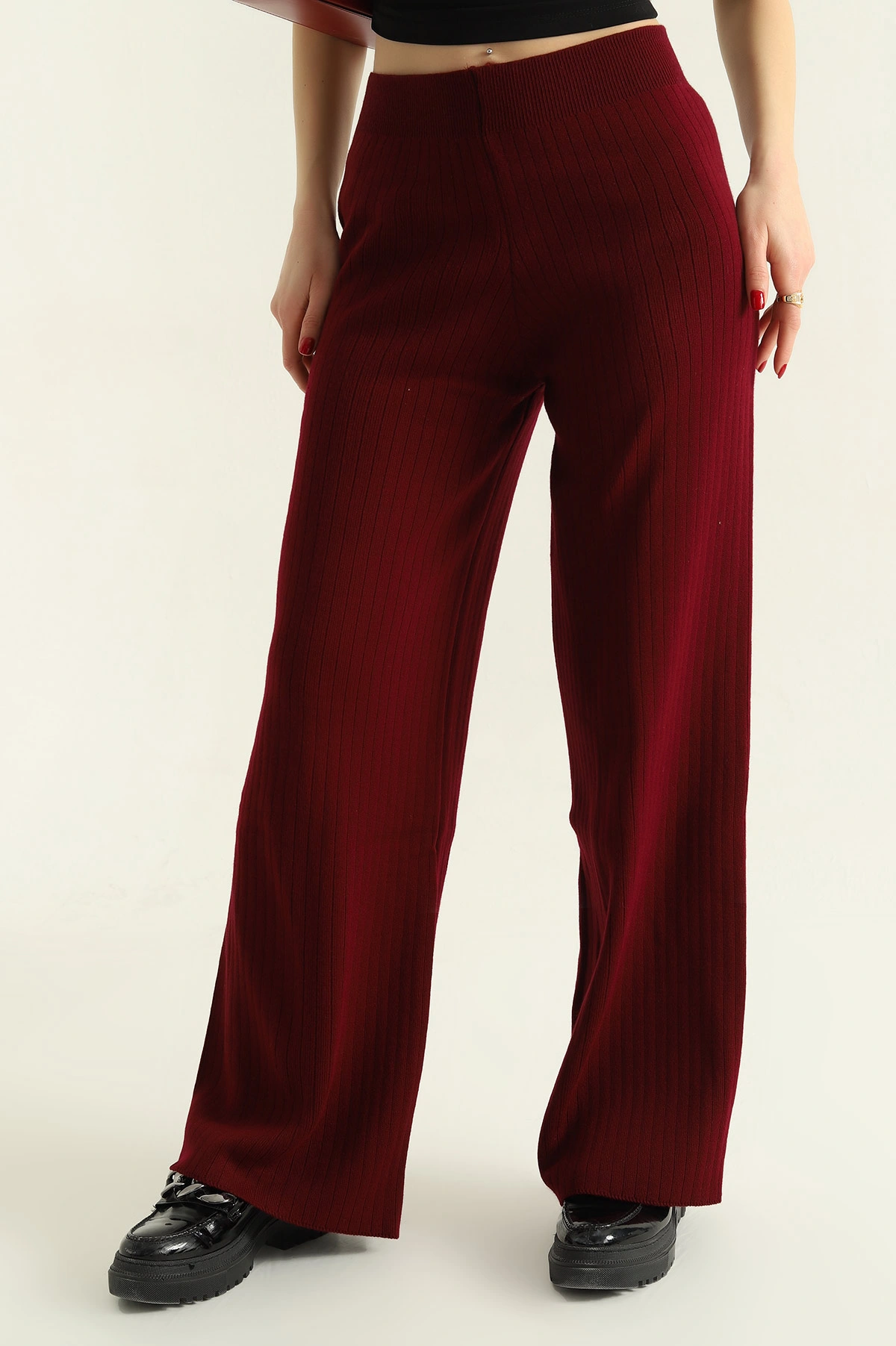 Bordo Likralı Palazzo Bayan Triko Pantolon 332447