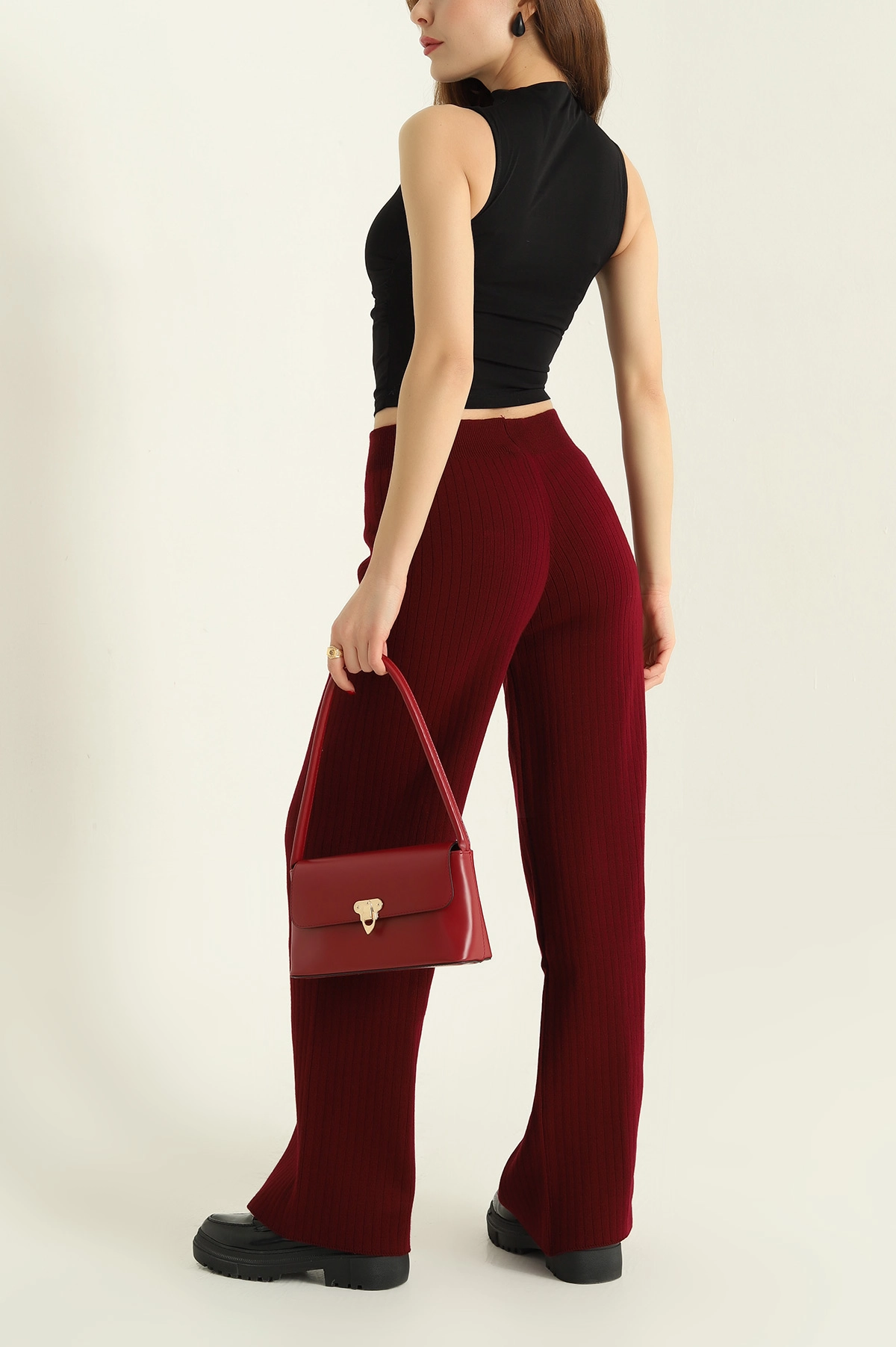 Bordo Likralı Palazzo Bayan Triko Pantolon 332447
