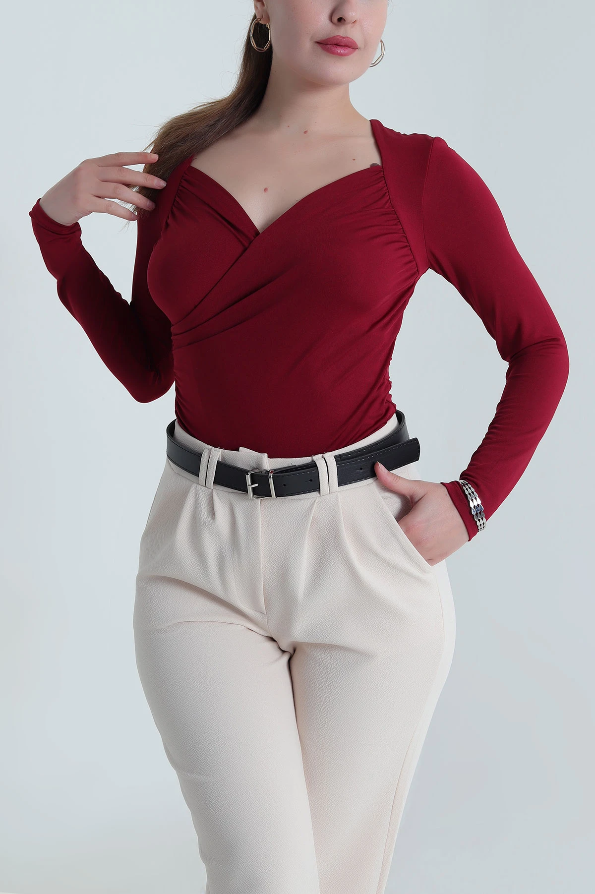 Bordo Likralı Polyemid Kadın Bluz 484626