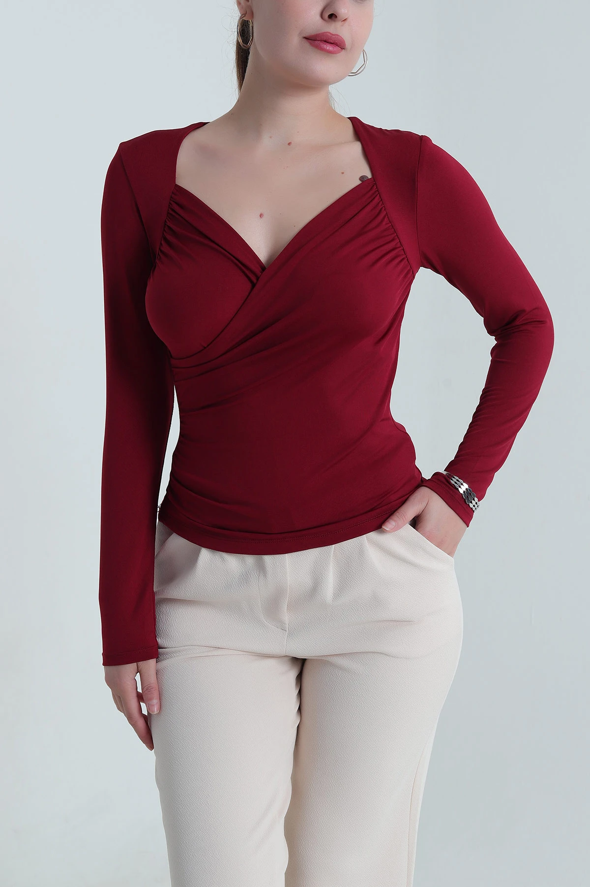 Bordo Likralı Polyemid Kadın Bluz 484626