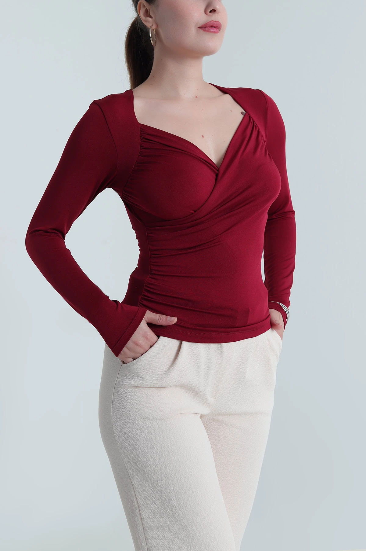 Bordo Likralı Polyemid Kadın Bluz 484626