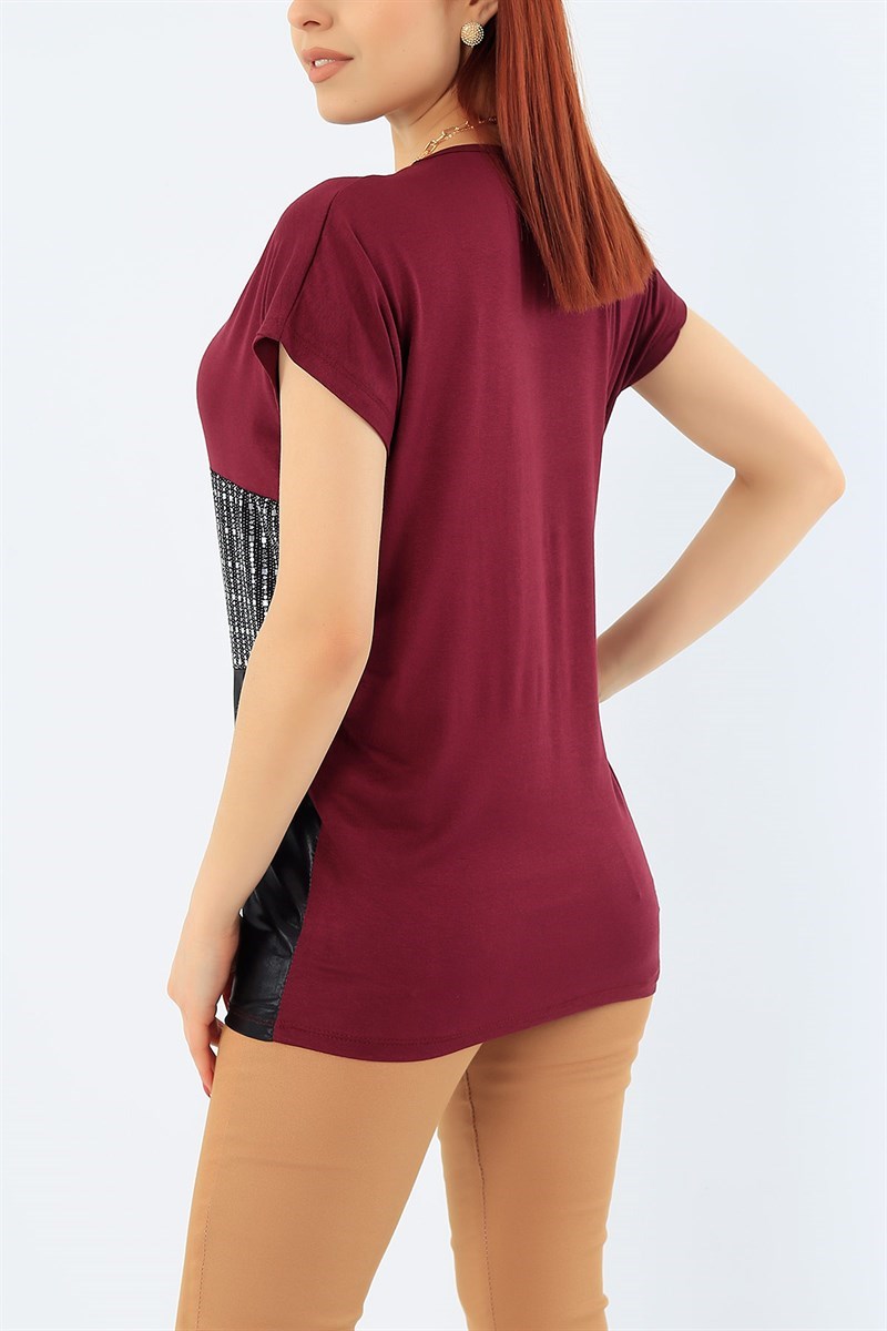 Bordo Likralı Pul İşlemeli Bluz 32212