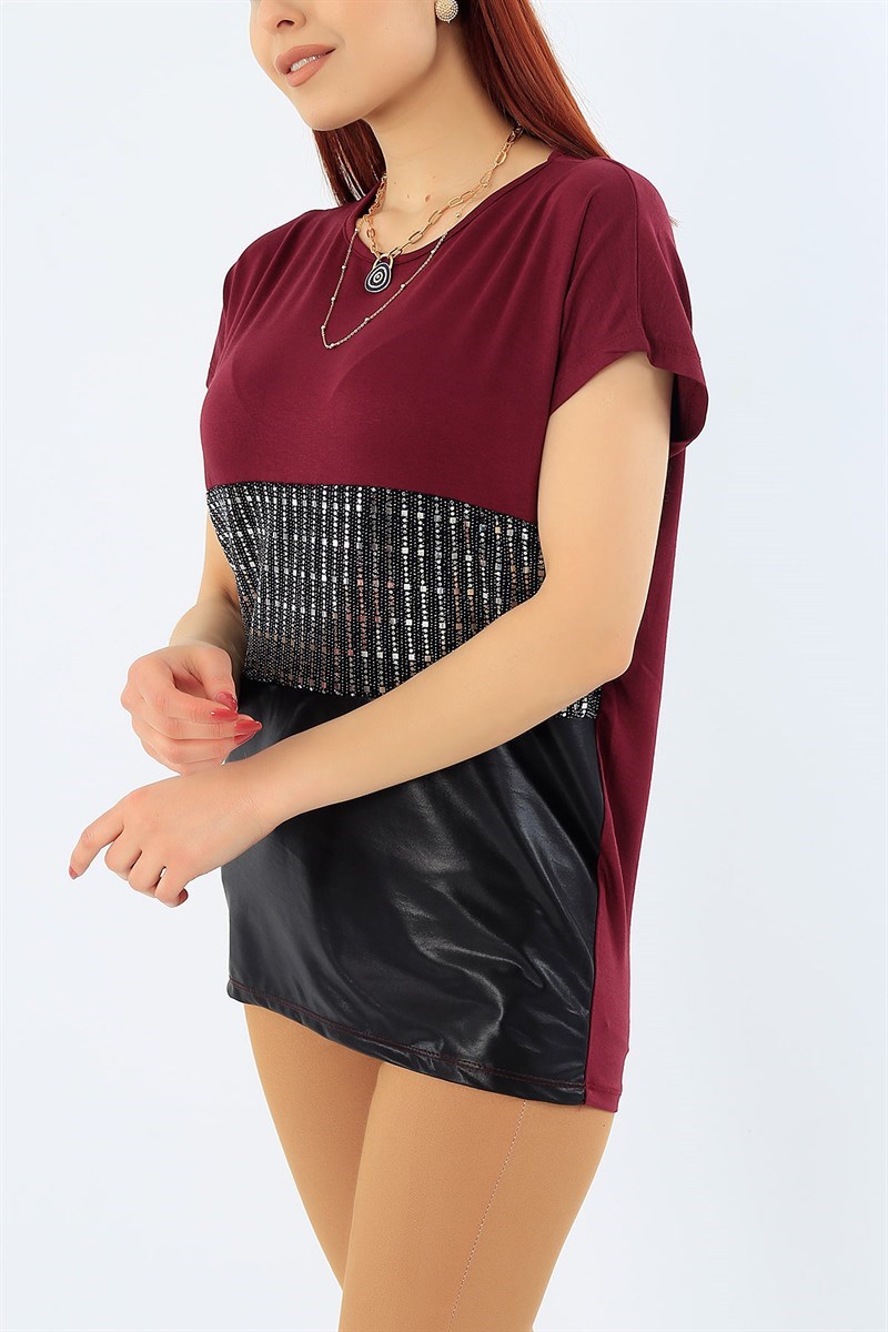 Bordo Likralı Pul İşlemeli Bluz 32212