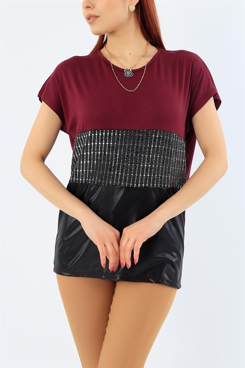 Bordo Likralı Pul İşlemeli Bluz 32212