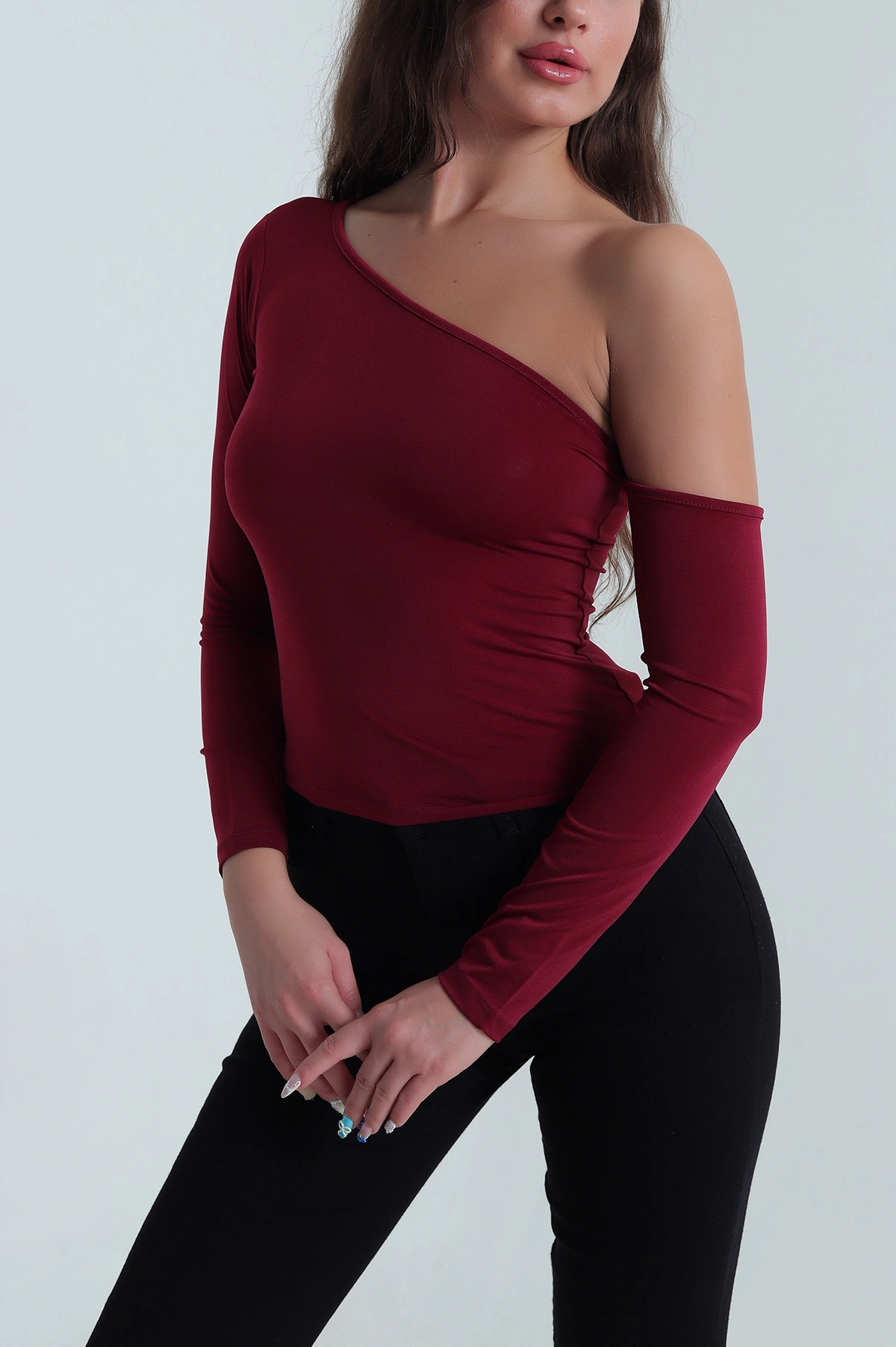 Bordo Likralı Tek Omuz Detay Sandy Kadın Bluz 484282