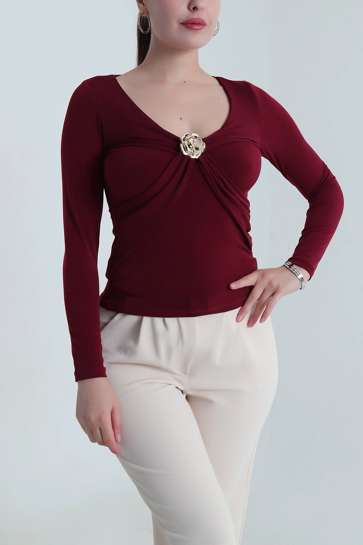 Bordo Likralı Tokalı Sandy Kadın Bluz 484614