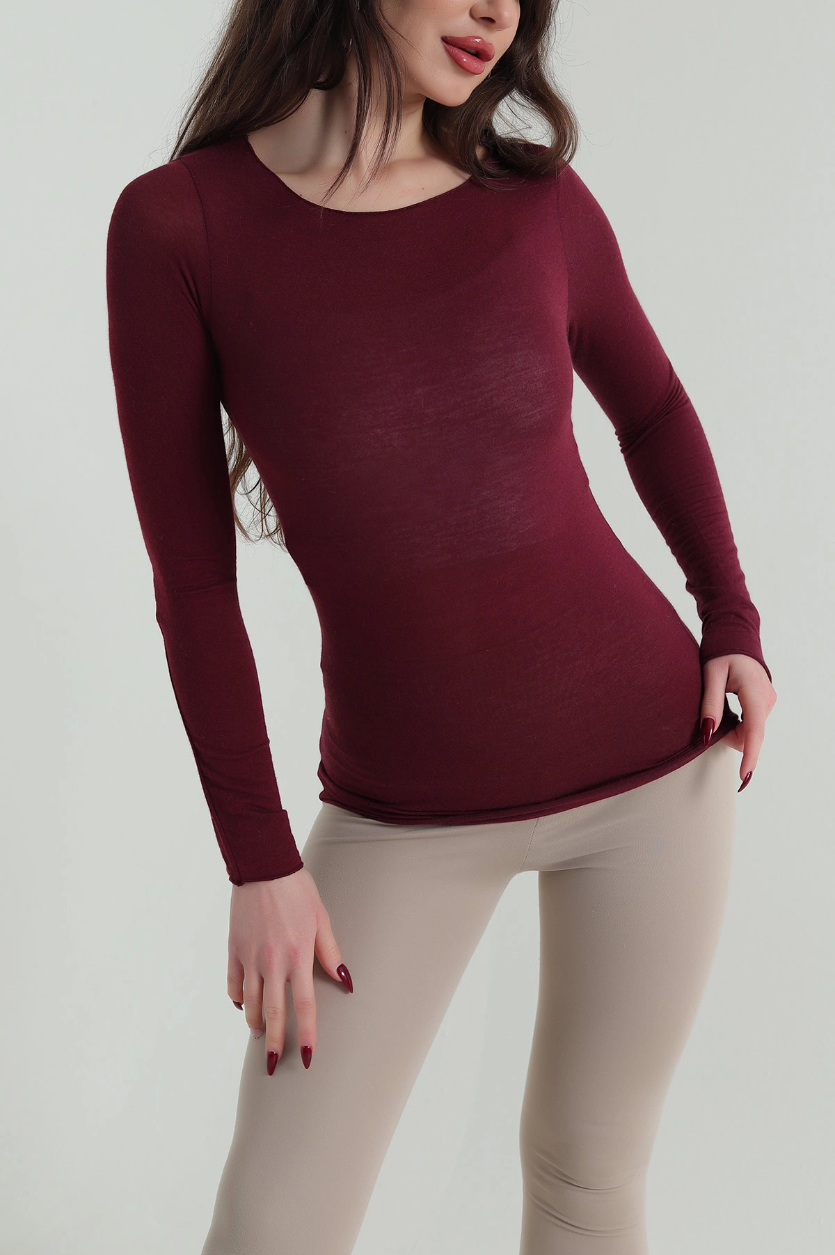 Bordo Likralı Transparan Kadın Bluz 421309