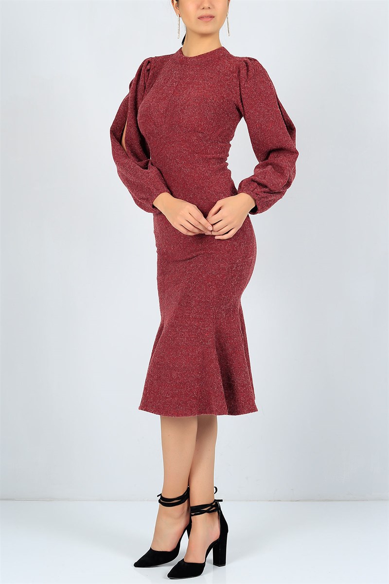 Bordo Likralı Triko Balık Elbise 23136B