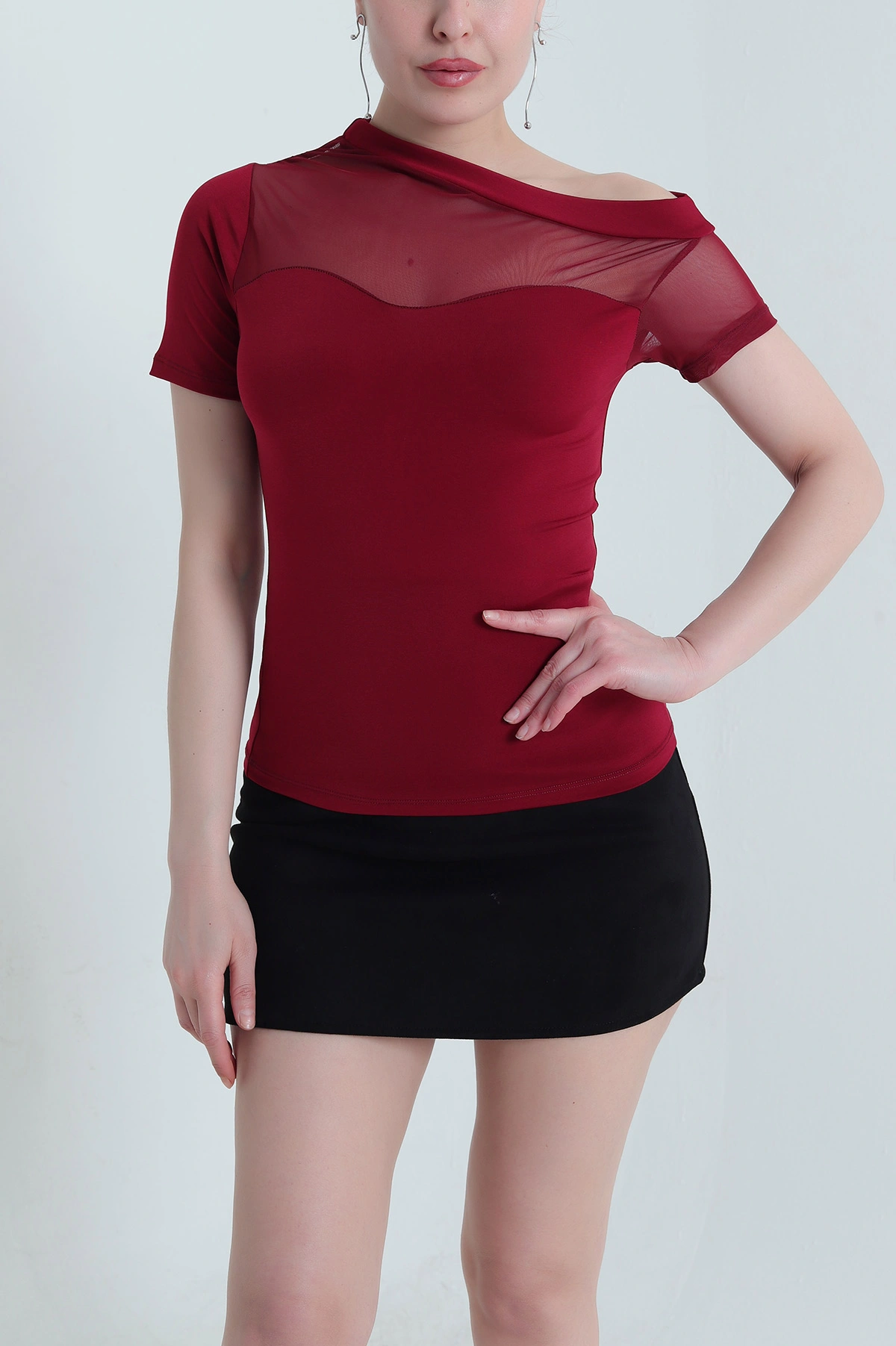 Bordo Likralı Tül Garnili Sandy Kadın Bluz 454328