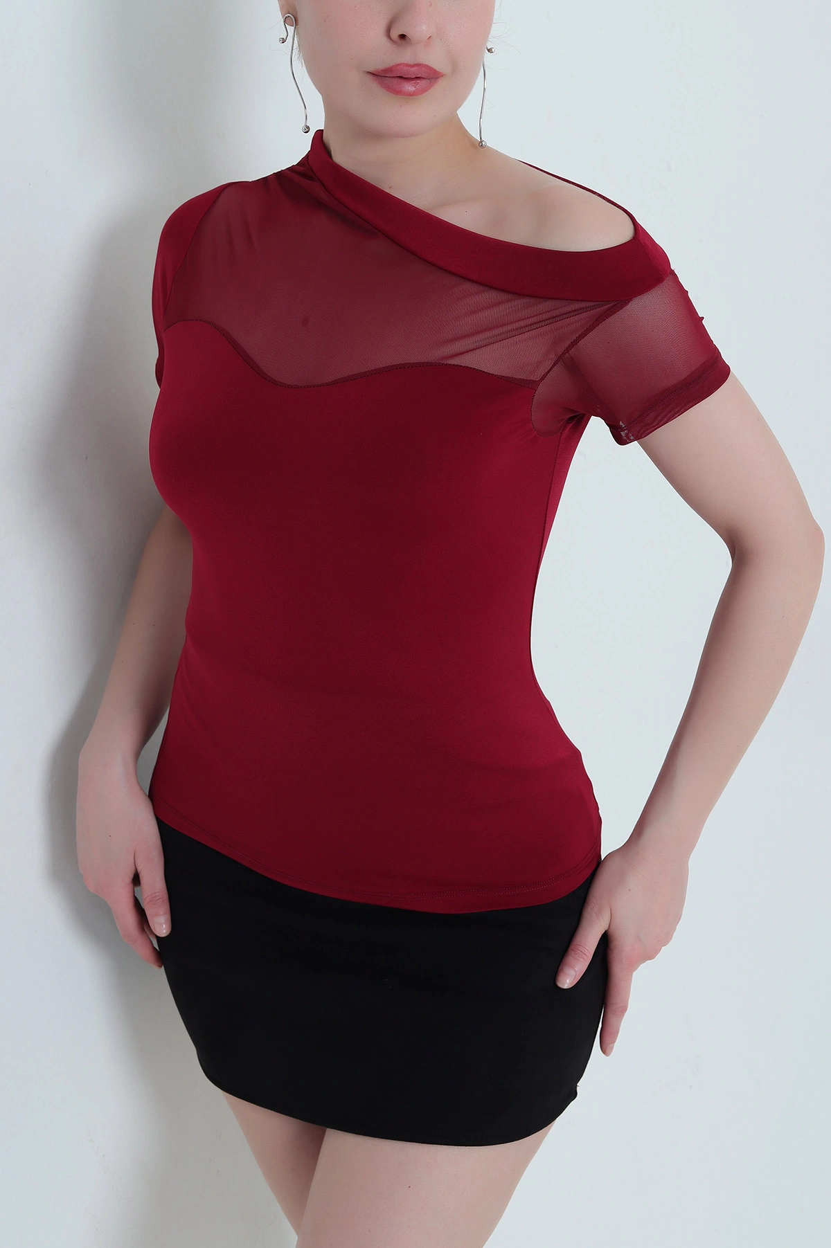 Bordo Likralı Tül Garnili Sandy Kadın Bluz 454328