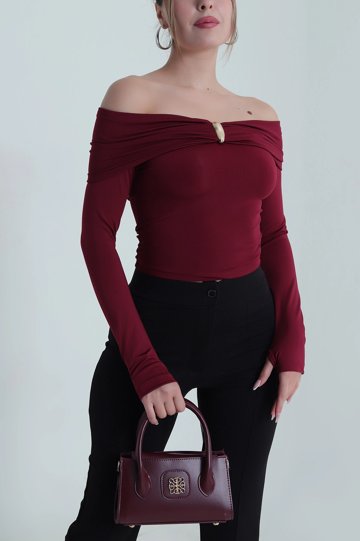 Bordo Madonna Yaka Dalgıç Kadın Bluz 486198