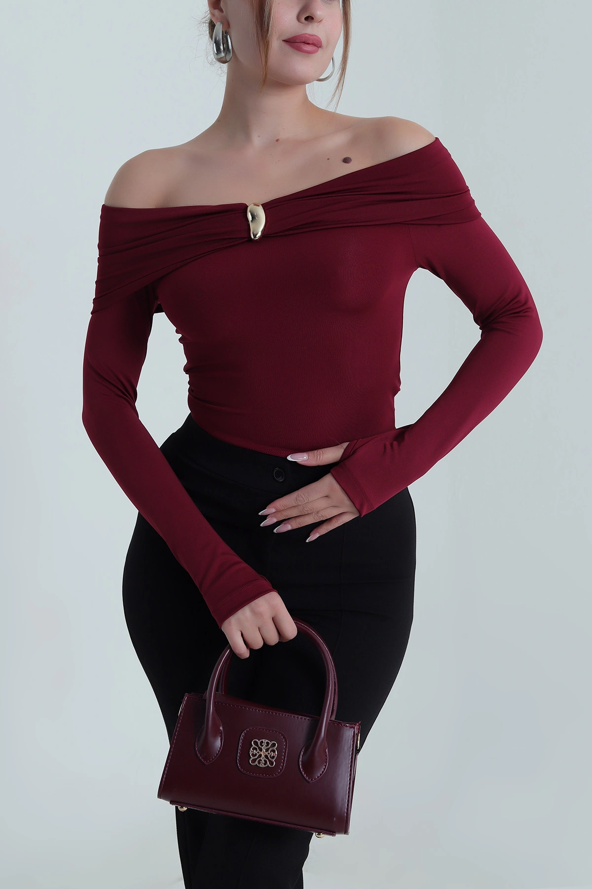 Bordo Madonna Yaka Dalgıç Kadın Bluz 486198
