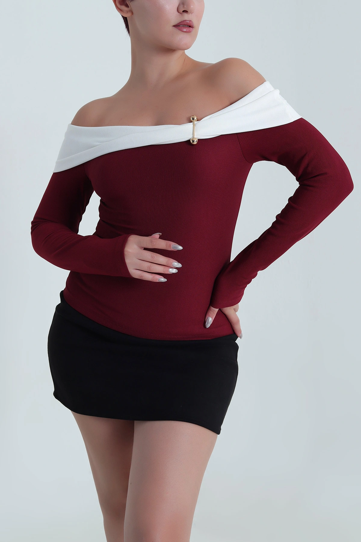 Bordo Madonna Yaka Ottoman Kadın Bluz 482891