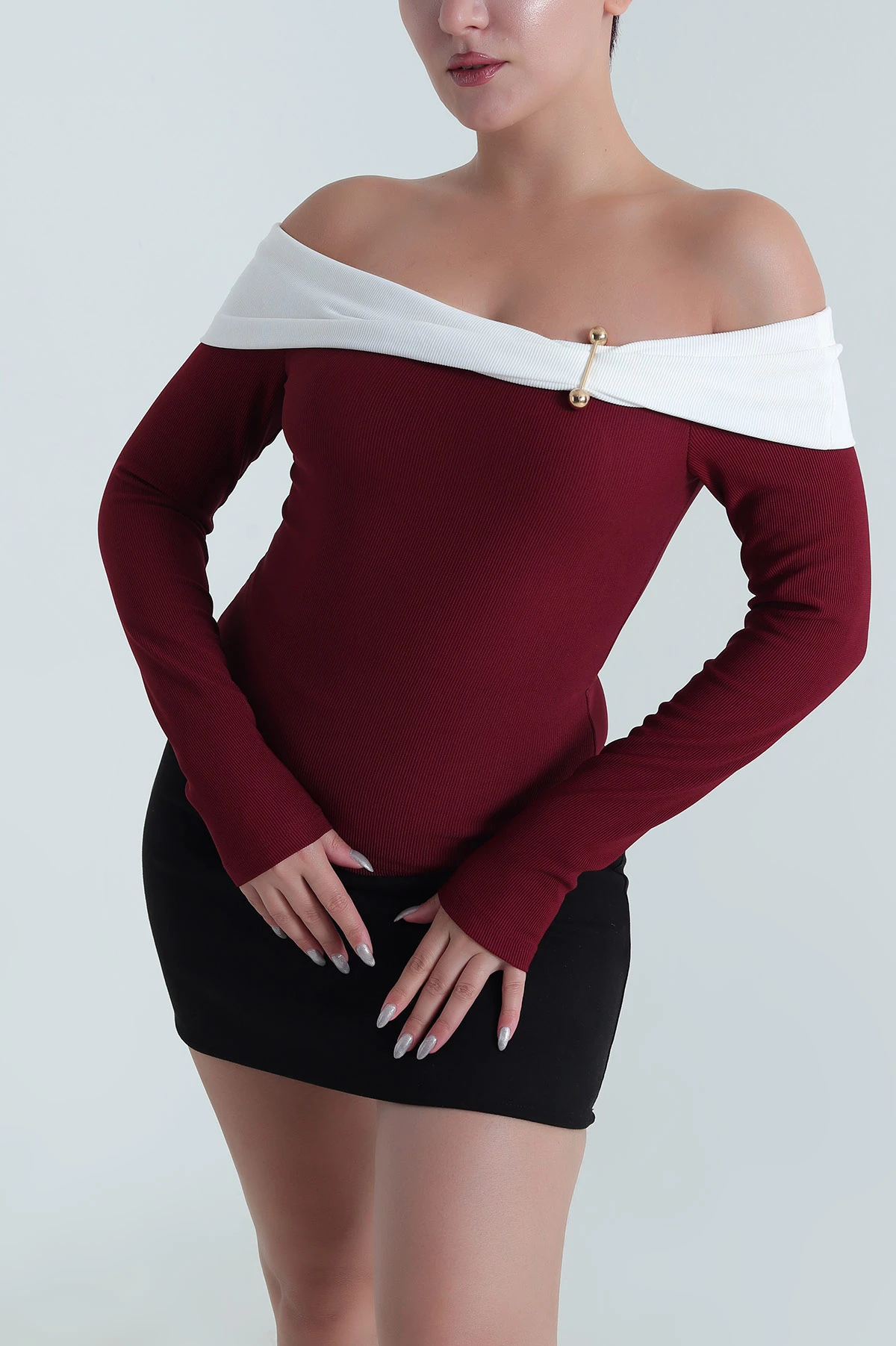 Bordo Madonna Yaka Ottoman Kadın Bluz 482891
