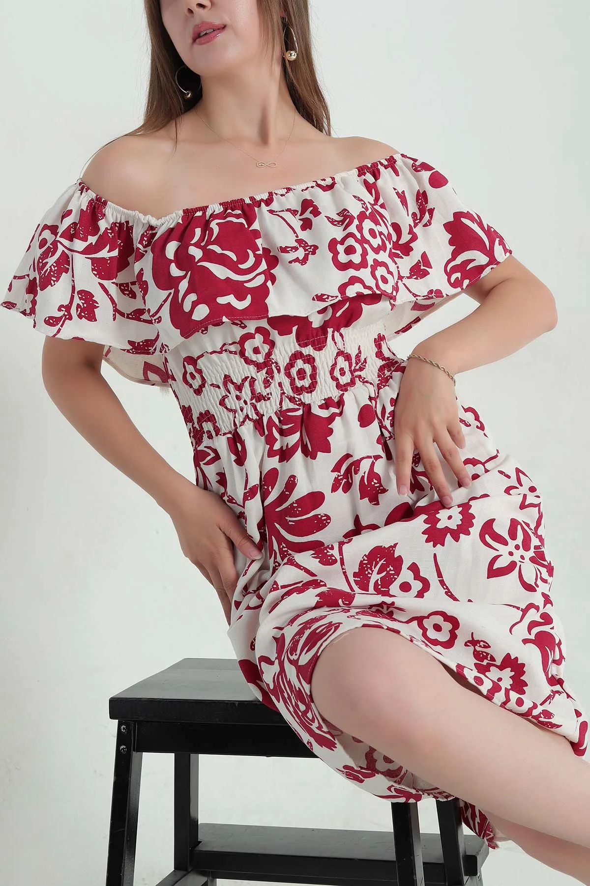 Bordo Madonna Yaka Terikoton Kadın Elbise 373660