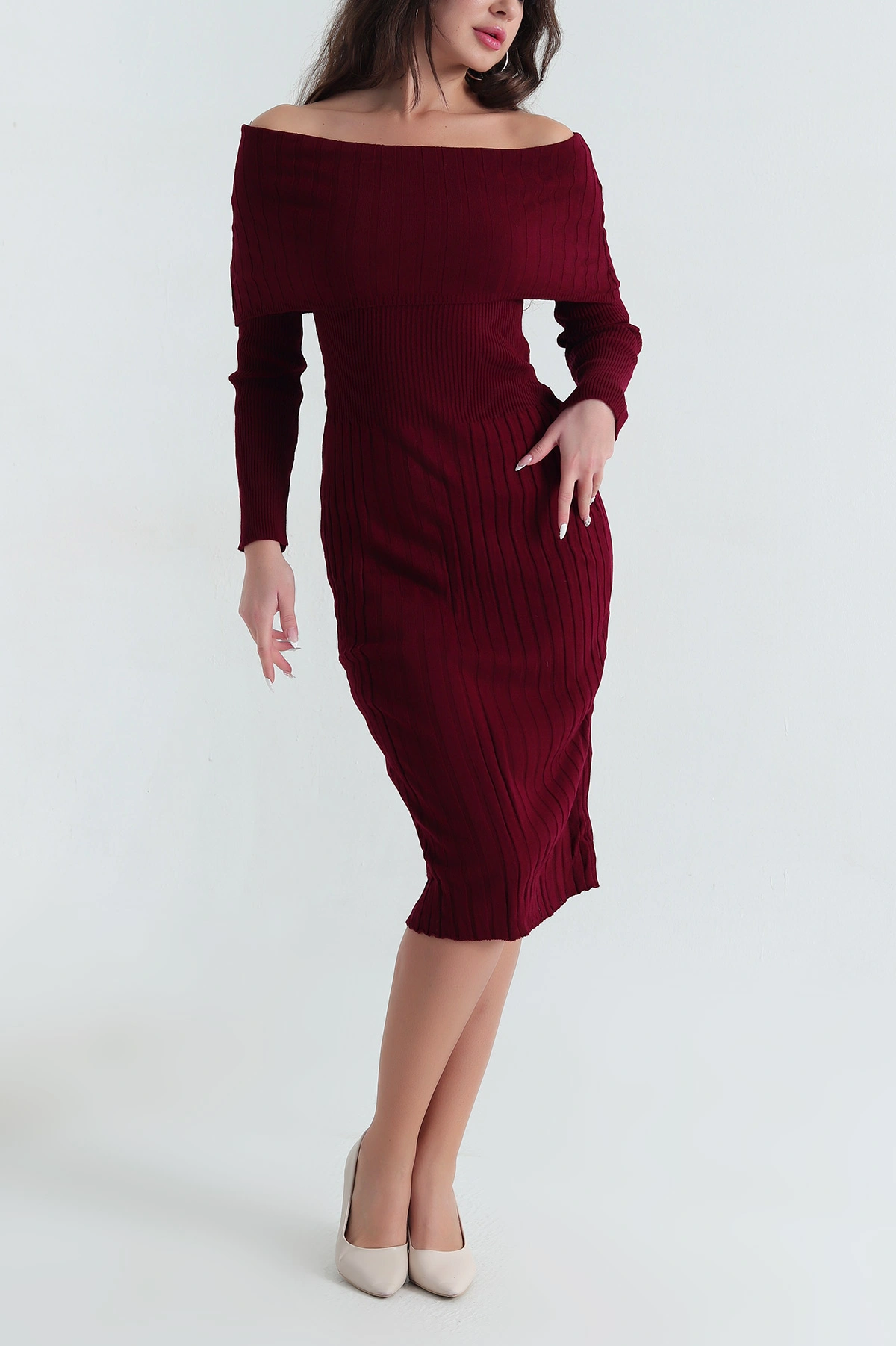 Bordo Madonna Yaka Triko Kadın Elbise 405726