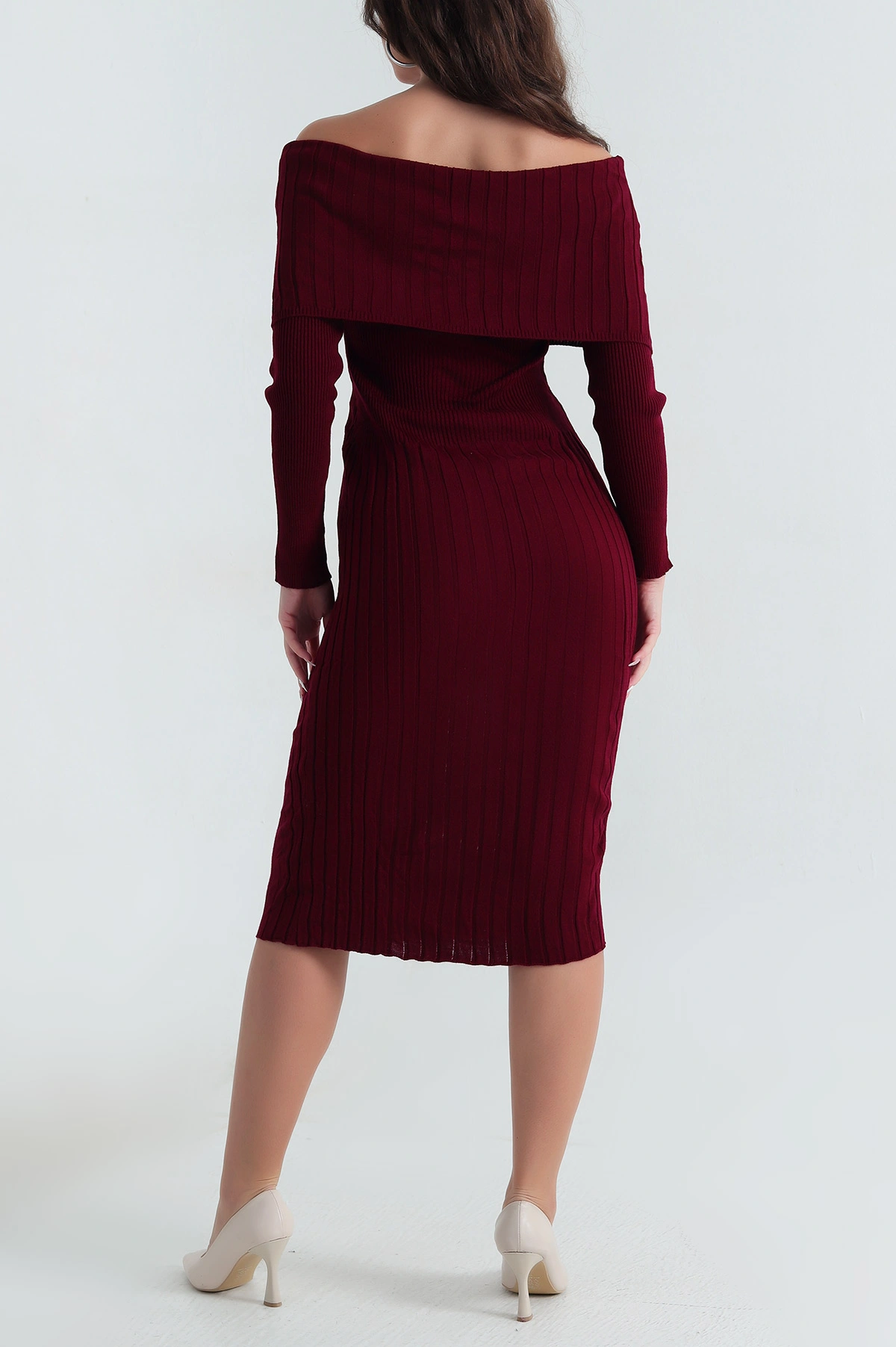 Bordo Madonna Yaka Triko Kadın Elbise 405726