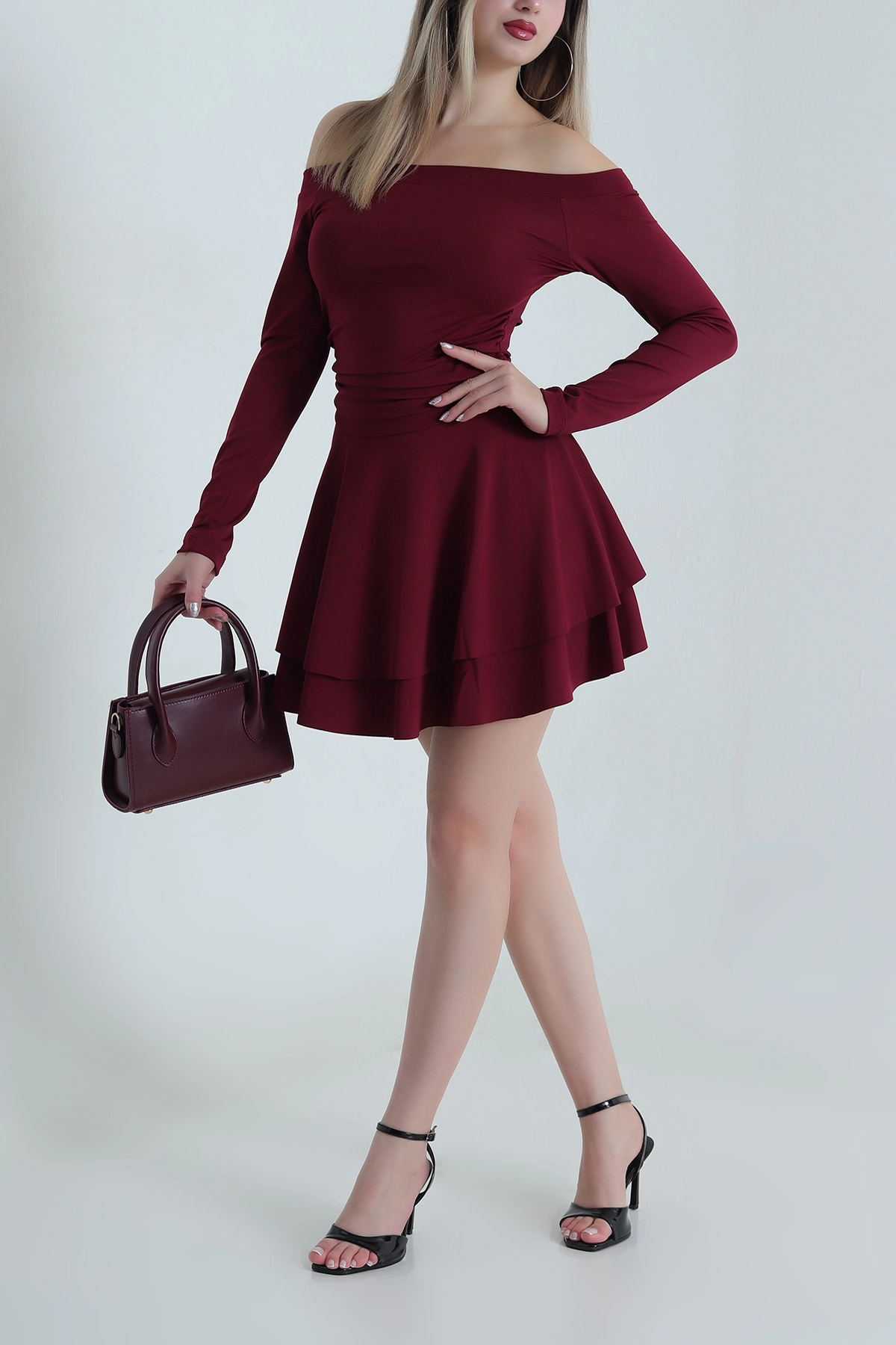Bordo Madonna Yaka Volanlı Kadın Dalgıç Elbise 489064