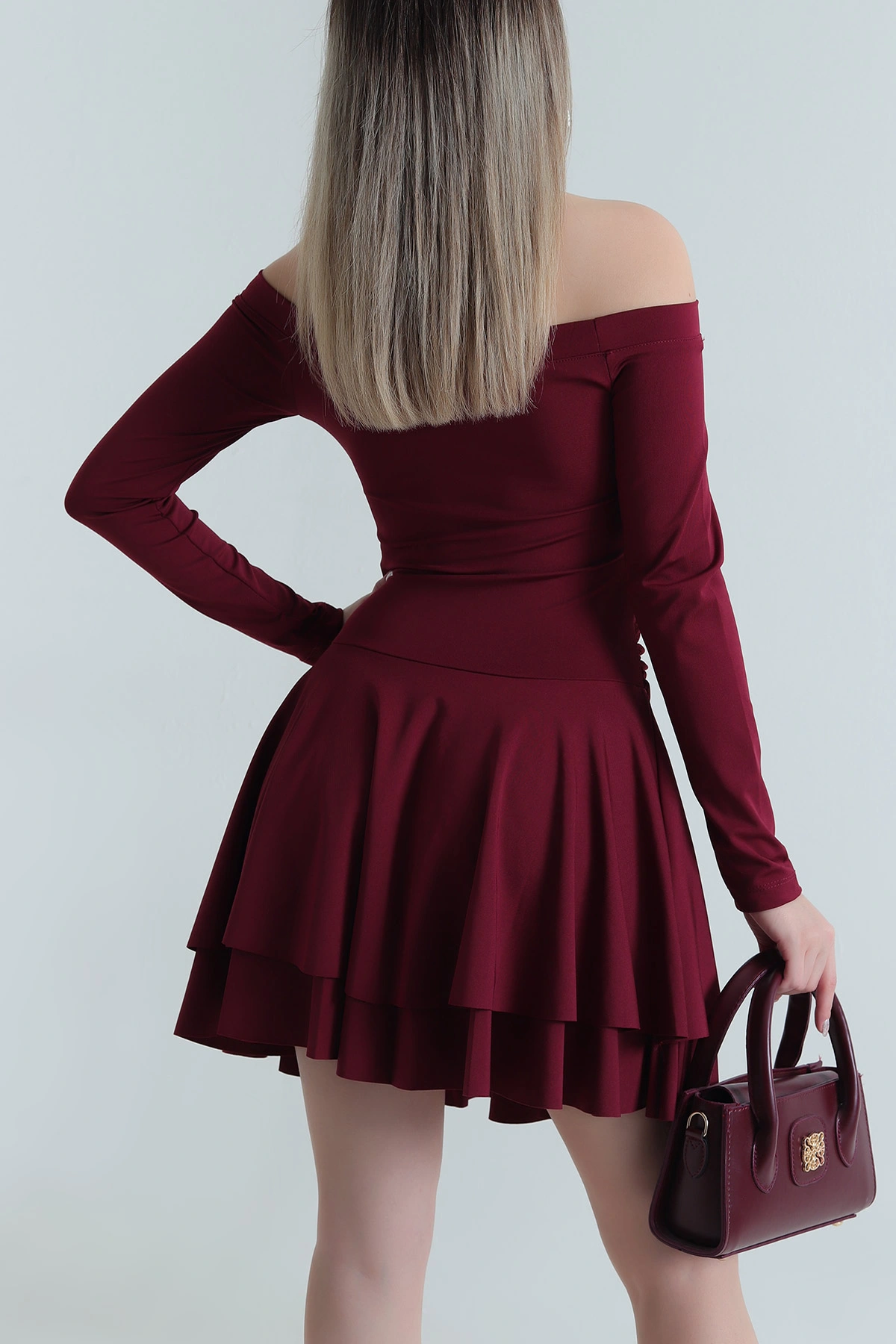 Bordo Madonna Yaka Volanlı Kadın Dalgıç Elbise 489064