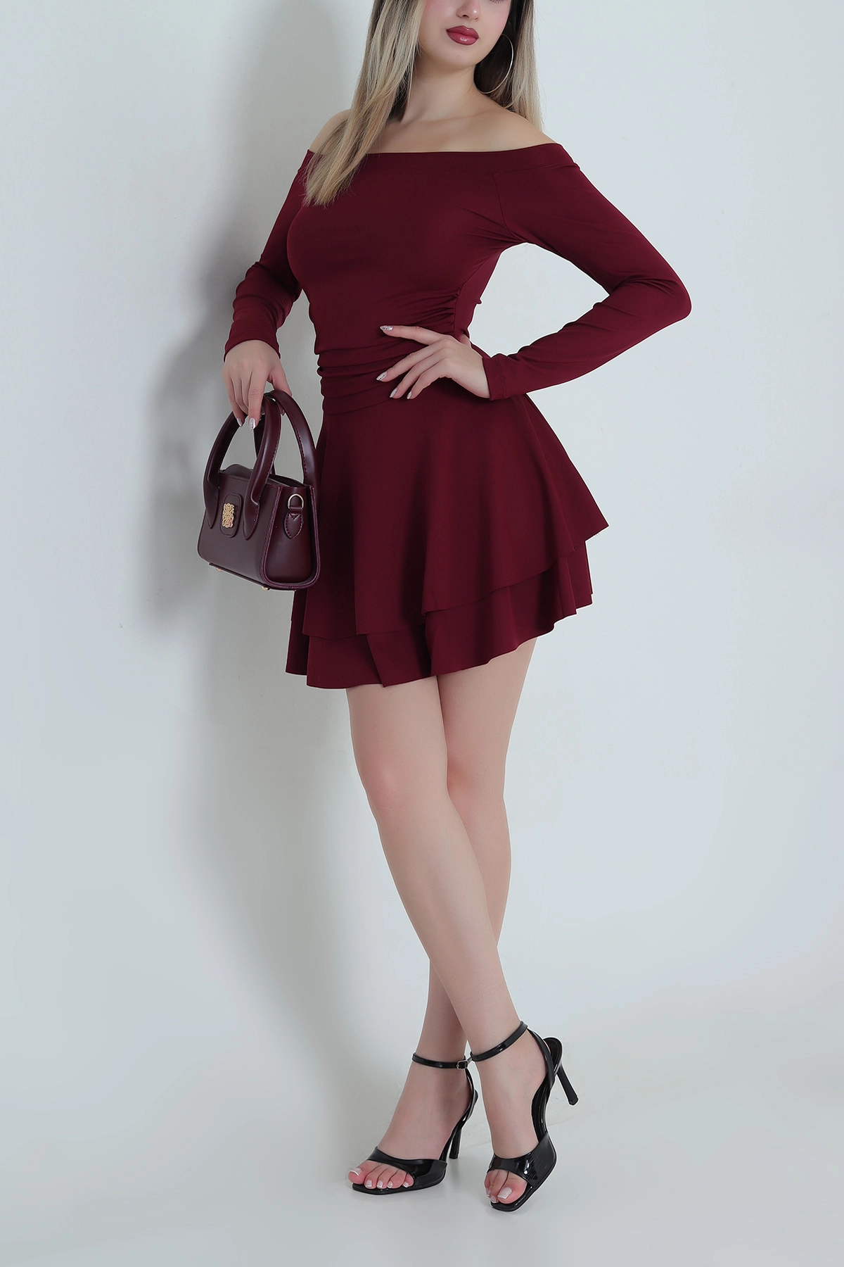 Bordo Madonna Yaka Volanlı Kadın Dalgıç Elbise 489064