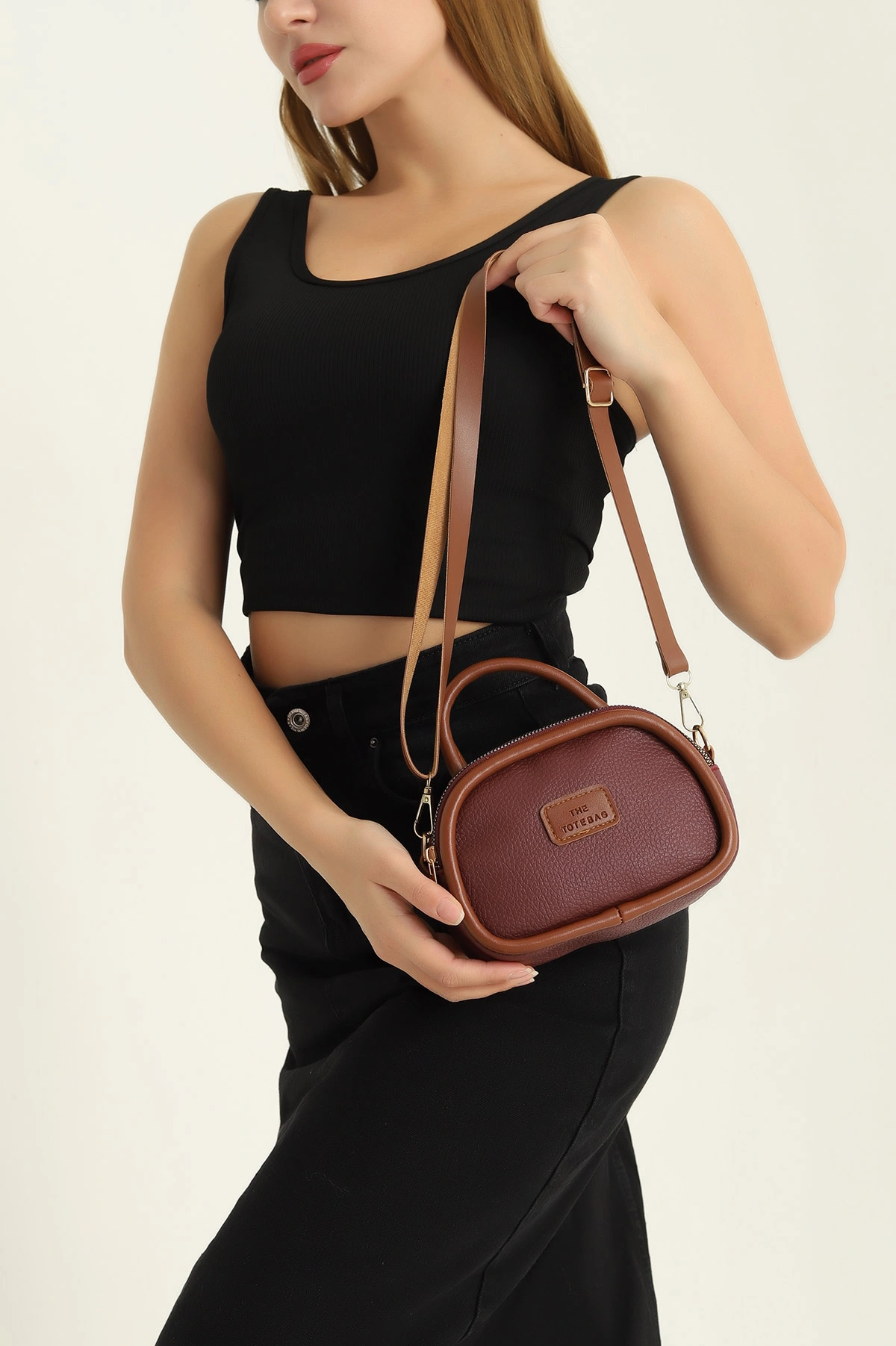 Bordo Mini Boy Fermuarlı Kadın El ve Omuz Çantası 317569