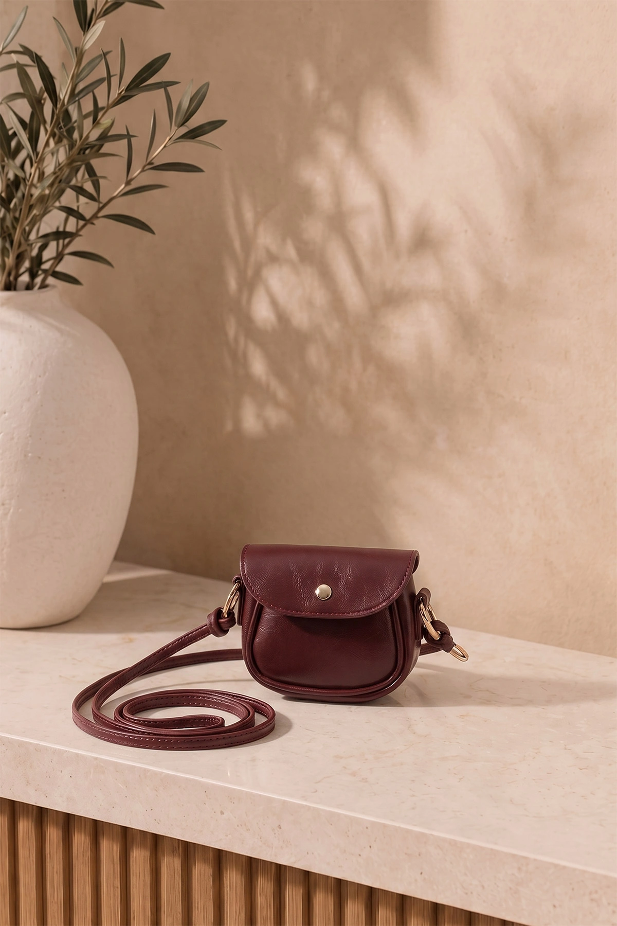 Bordo Mini Boy Kırışık Doku Kadın Omuz Çantası 478902