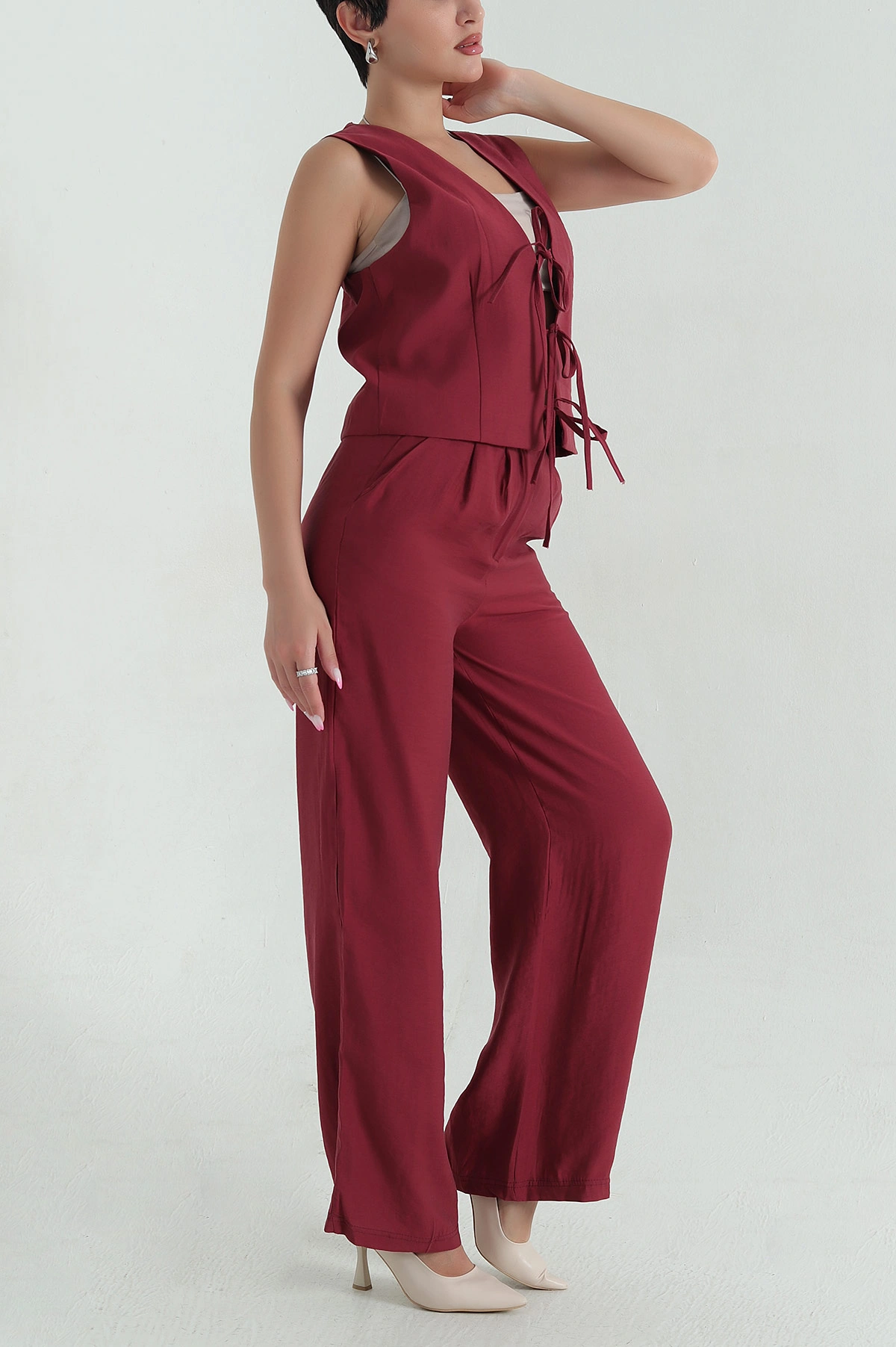Bordo Modal Bağlamalı Yelek Pantolon Kadın İkili Takım 372957