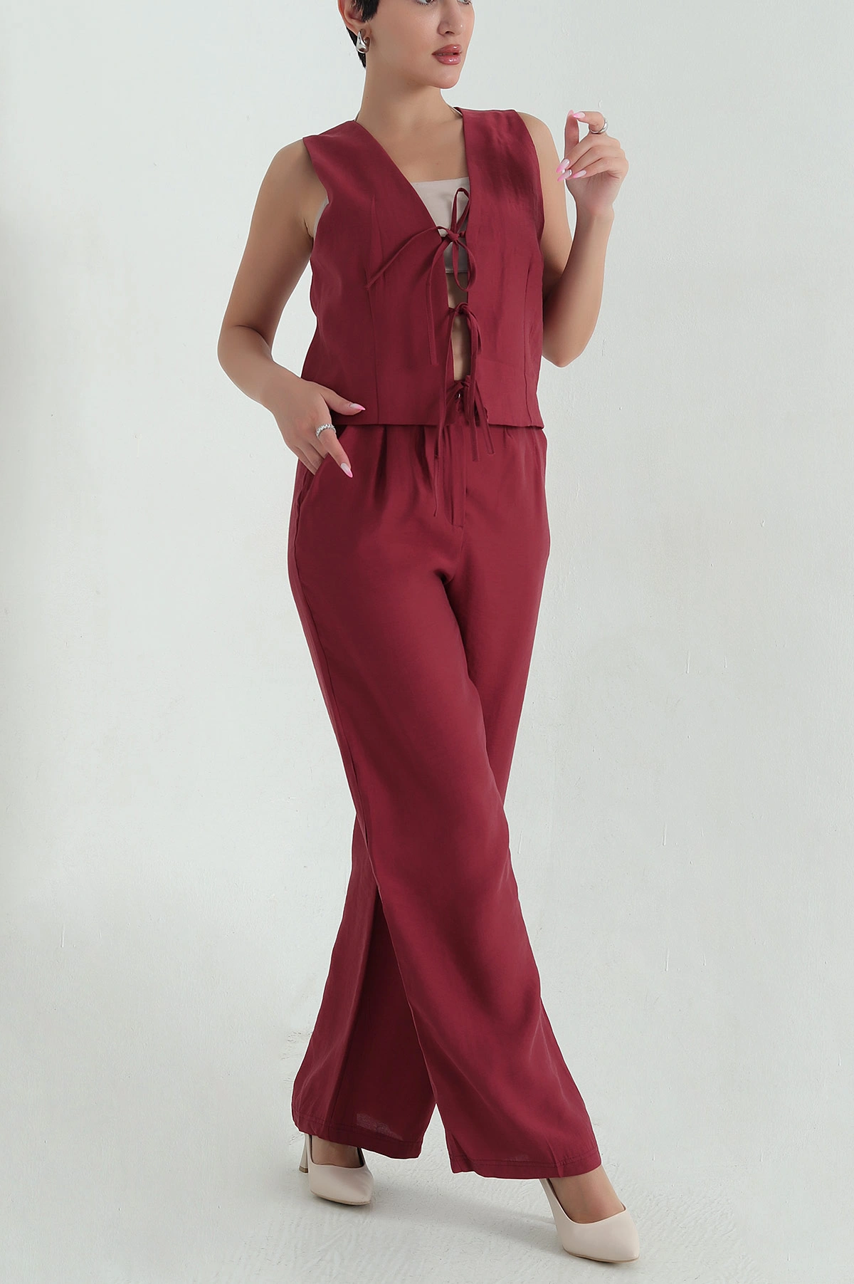 Bordo Modal Bağlamalı Yelek Pantolon Kadın İkili Takım 372957