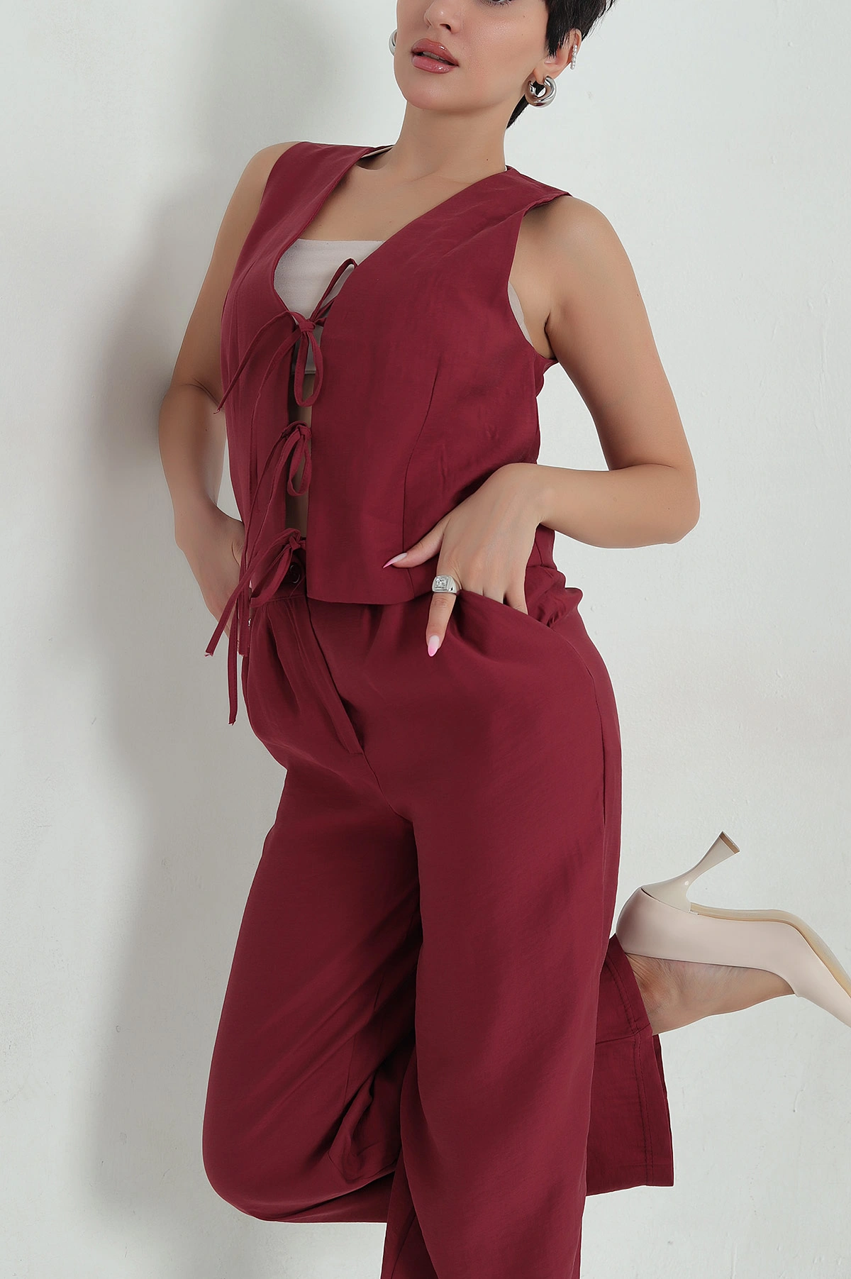 Bordo Modal Bağlamalı Yelek Pantolon Kadın İkili Takım 372957